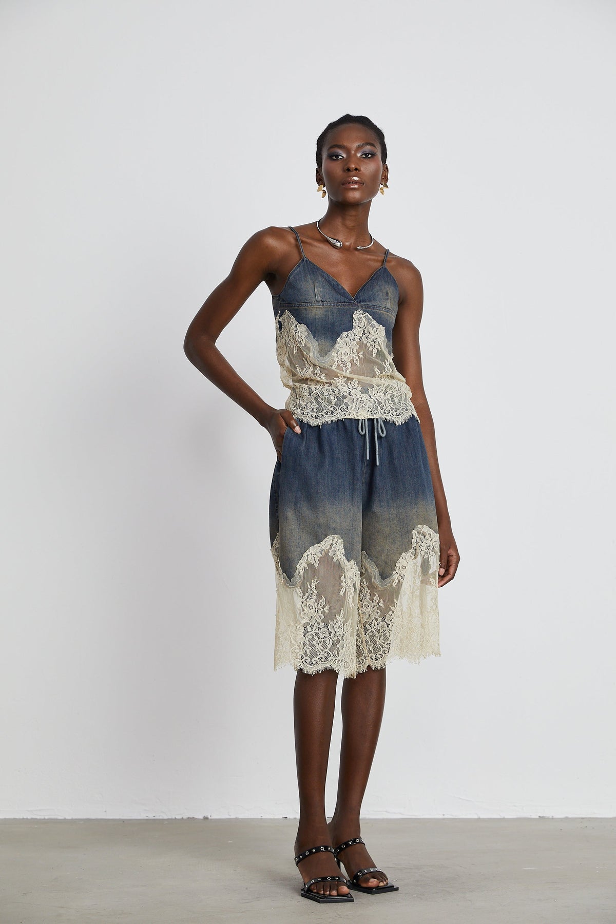 Sylvie lace-detail denim top & shorts matching set (Final Sale-US Only)
