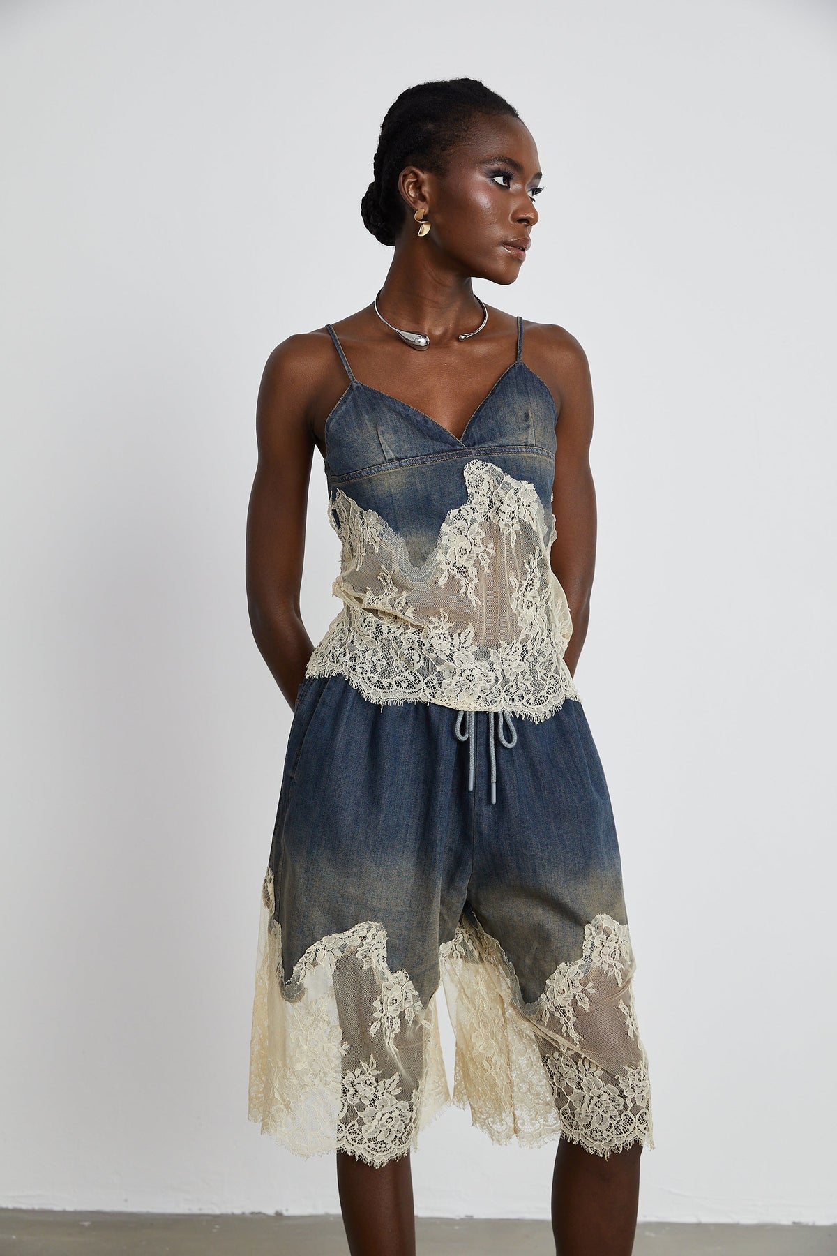 Sylvie lace-detail denim top & shorts matching set (Final Sale-US Only)
