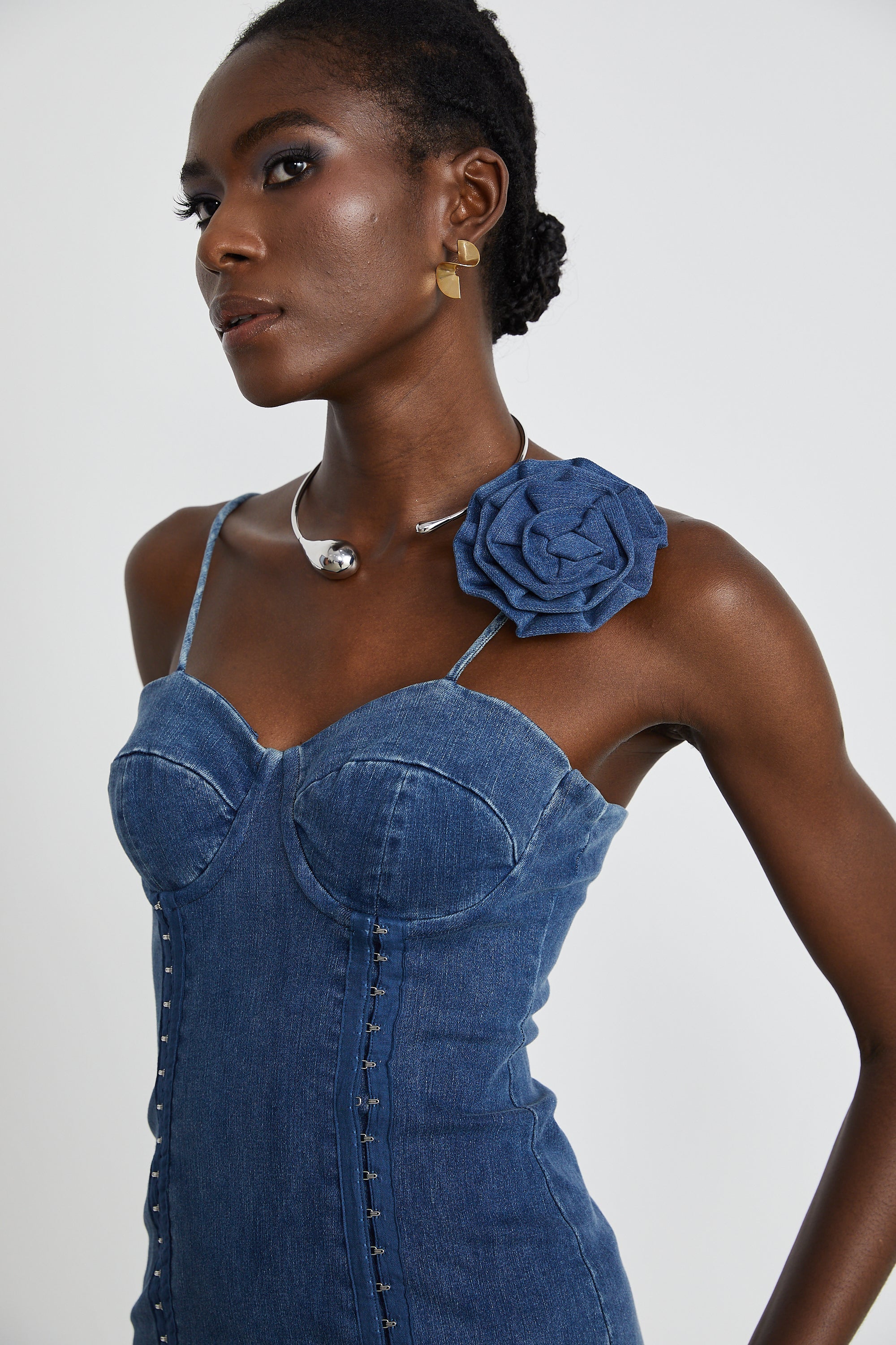 Yvette floral-appliqué denim mini dress