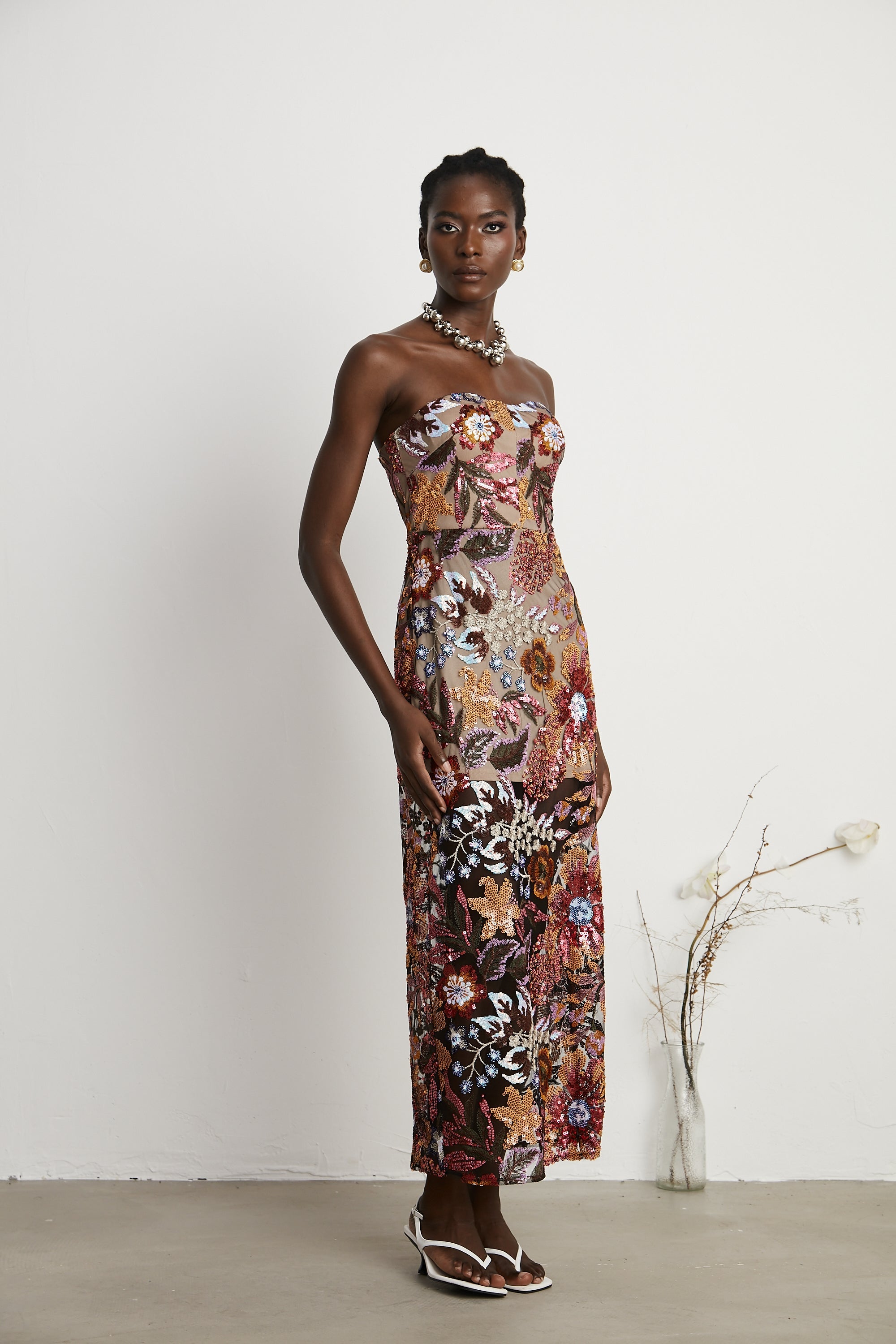 Thérèse sequin-embellished embroidered floral colorful midi dress (Final Sale-US Only)