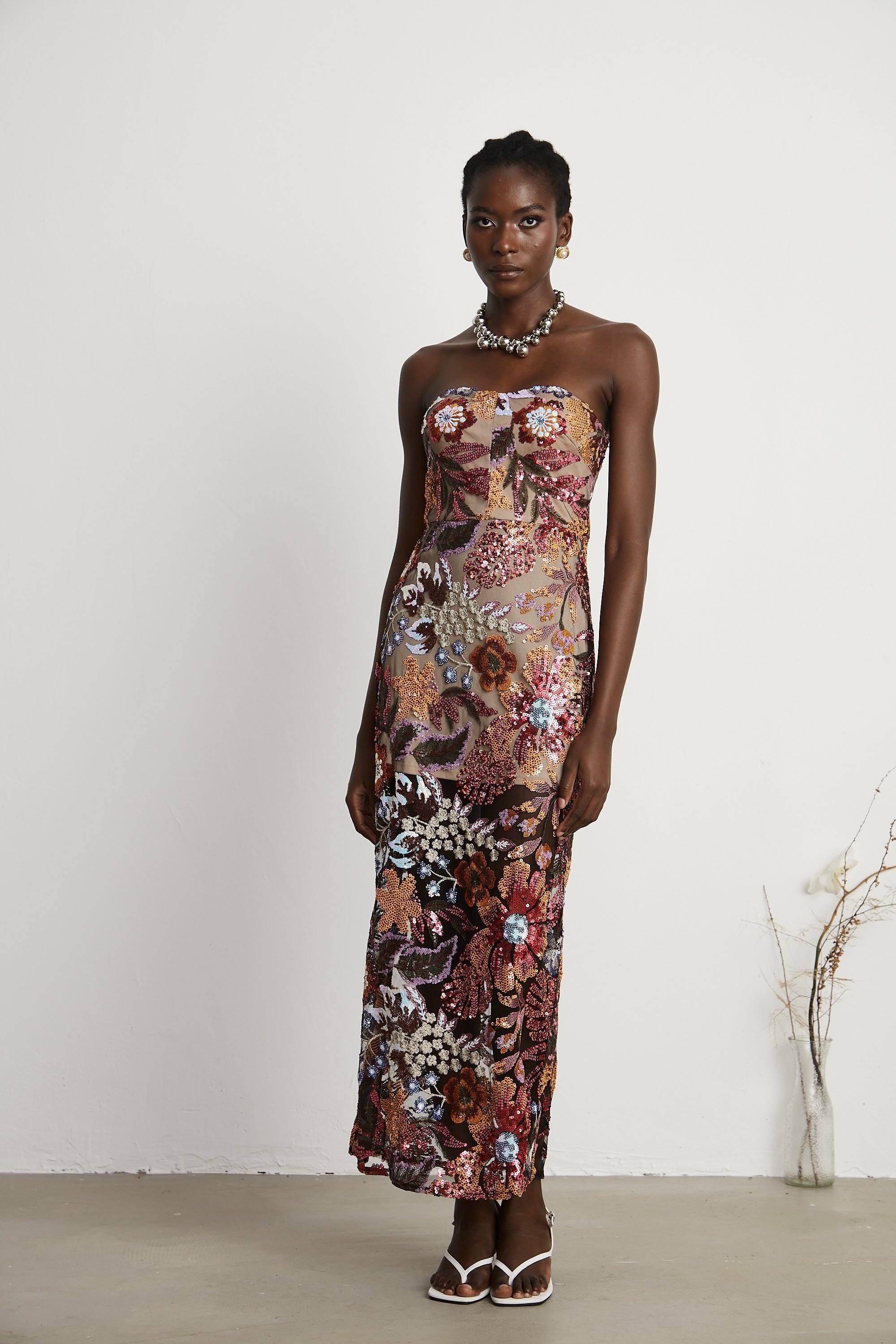 Thérèse sequin-embellished embroidered floral colorful midi dress (Final Sale-US Only)