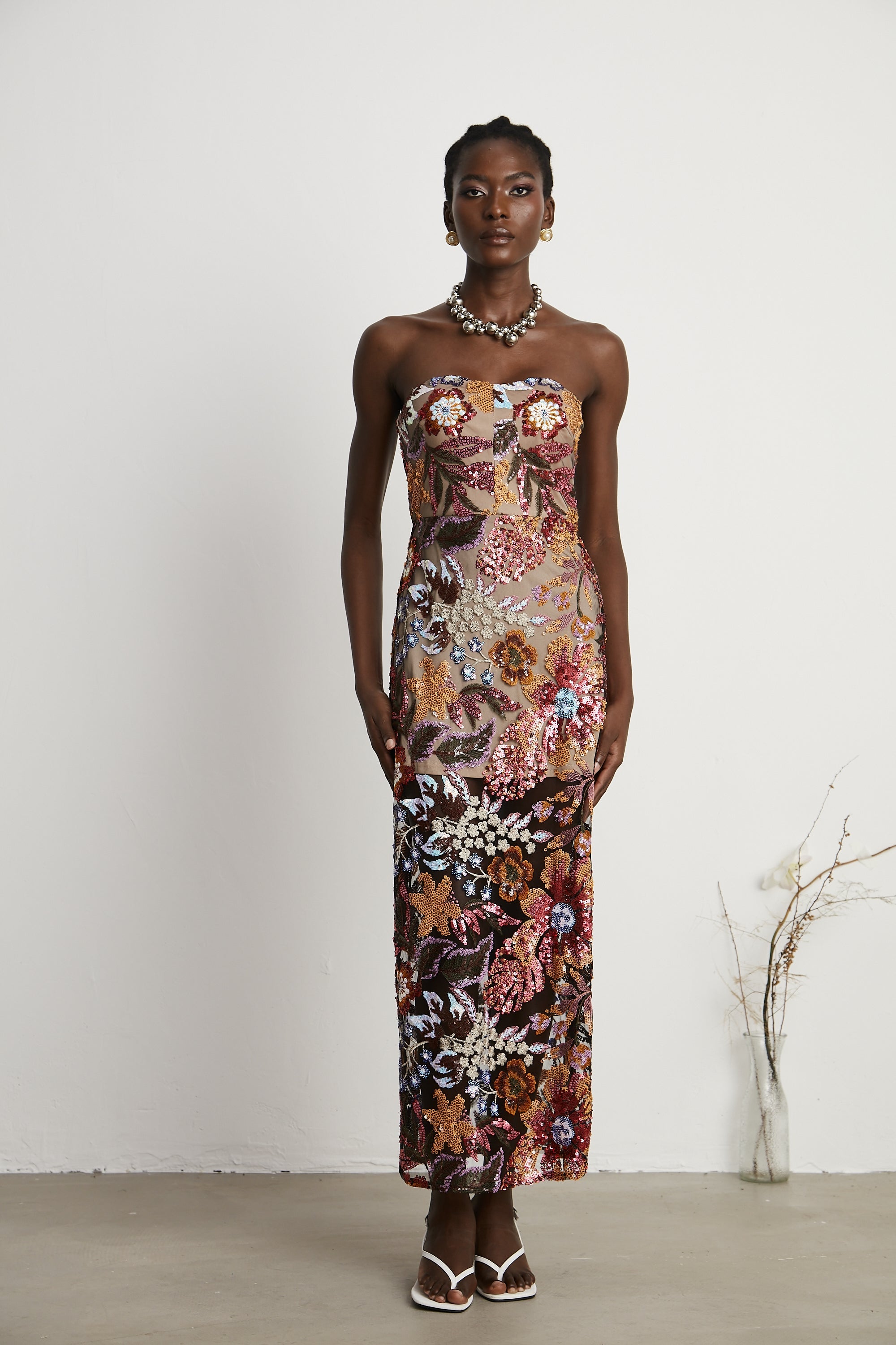 Thérèse sequin-embellished embroidered floral colorful midi dress (Final Sale-US Only)