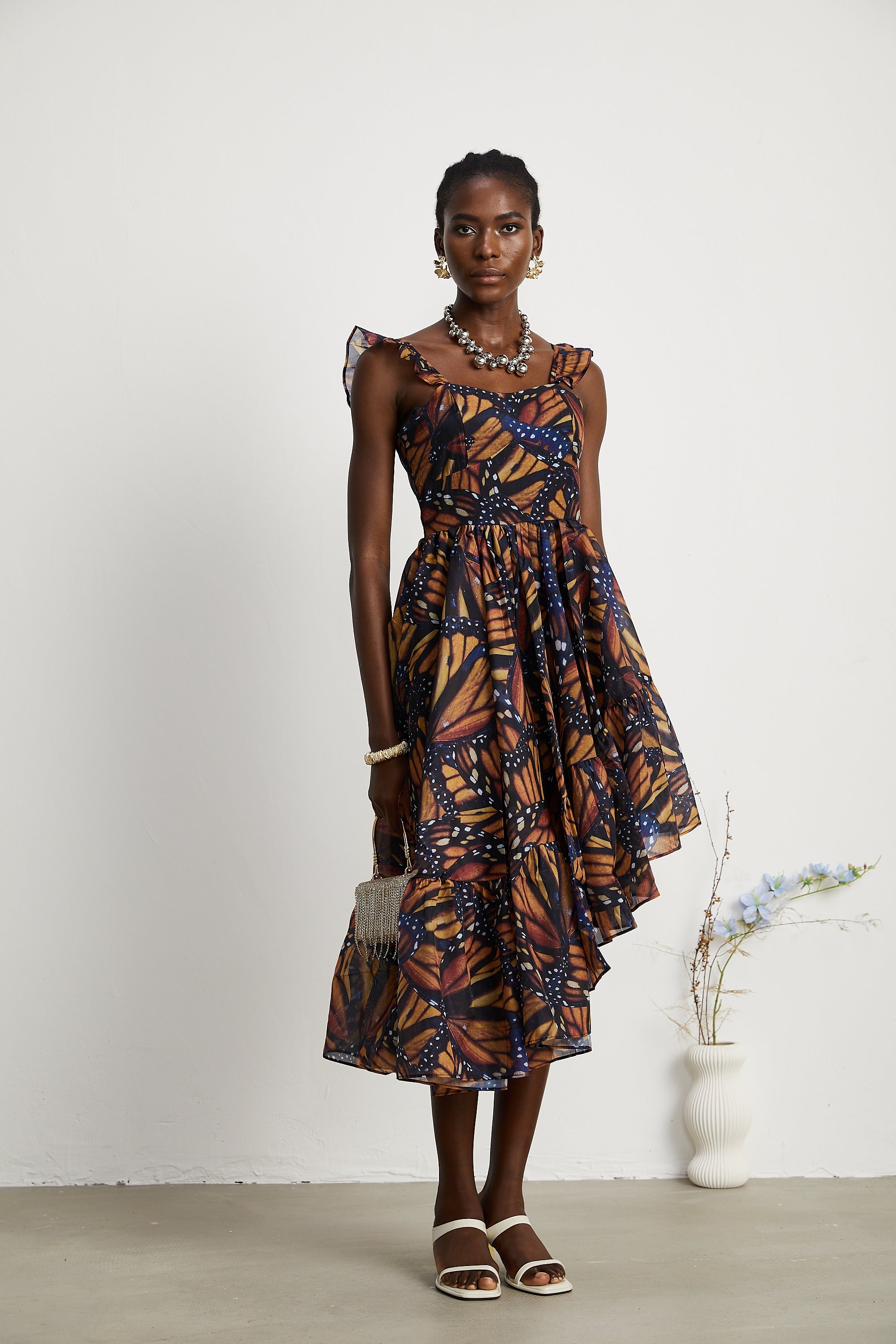 Coralie butterfly-print asymmetrical midi dress (US Only)
