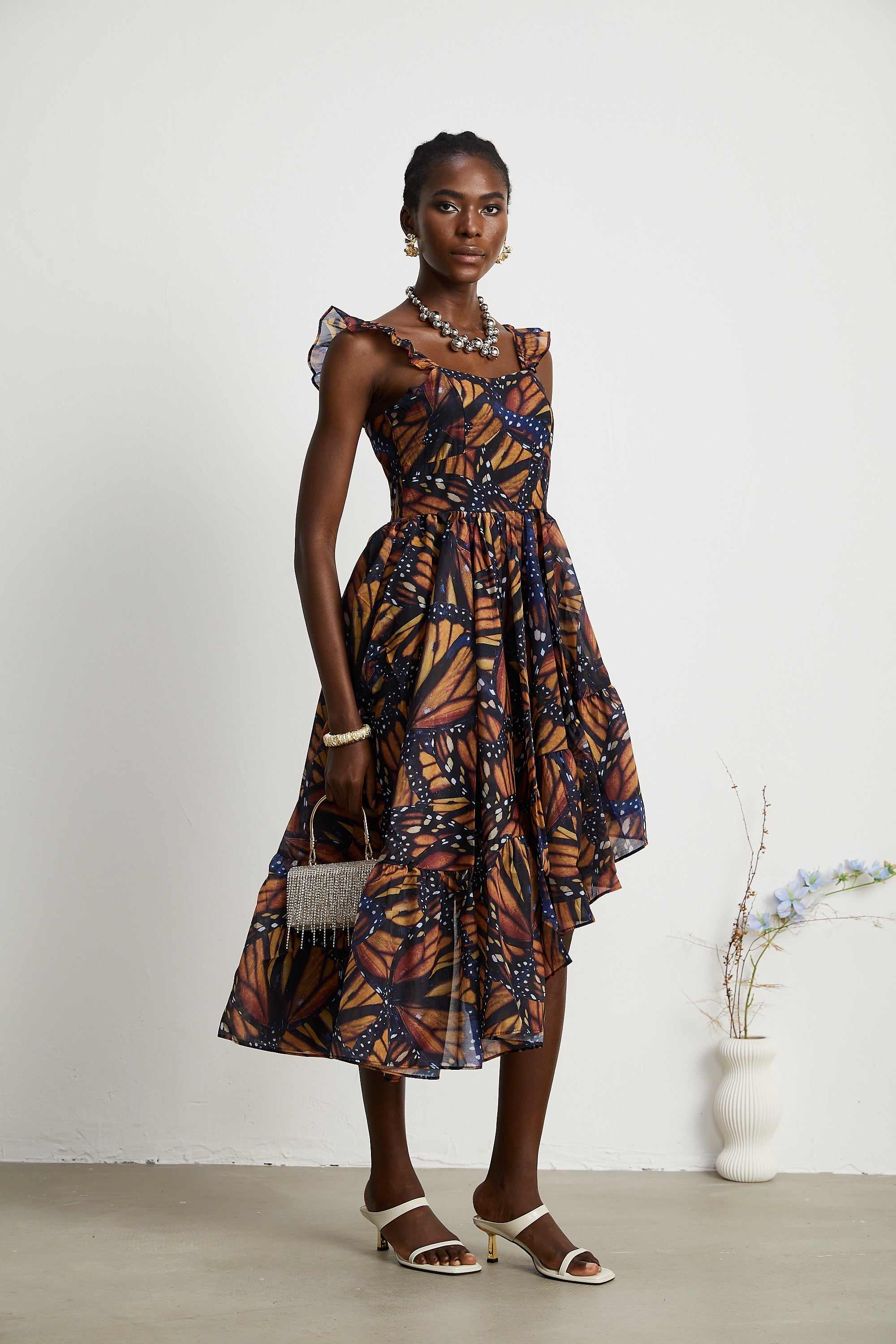 Coralie butterfly-print asymmetrical midi dress (US Only)