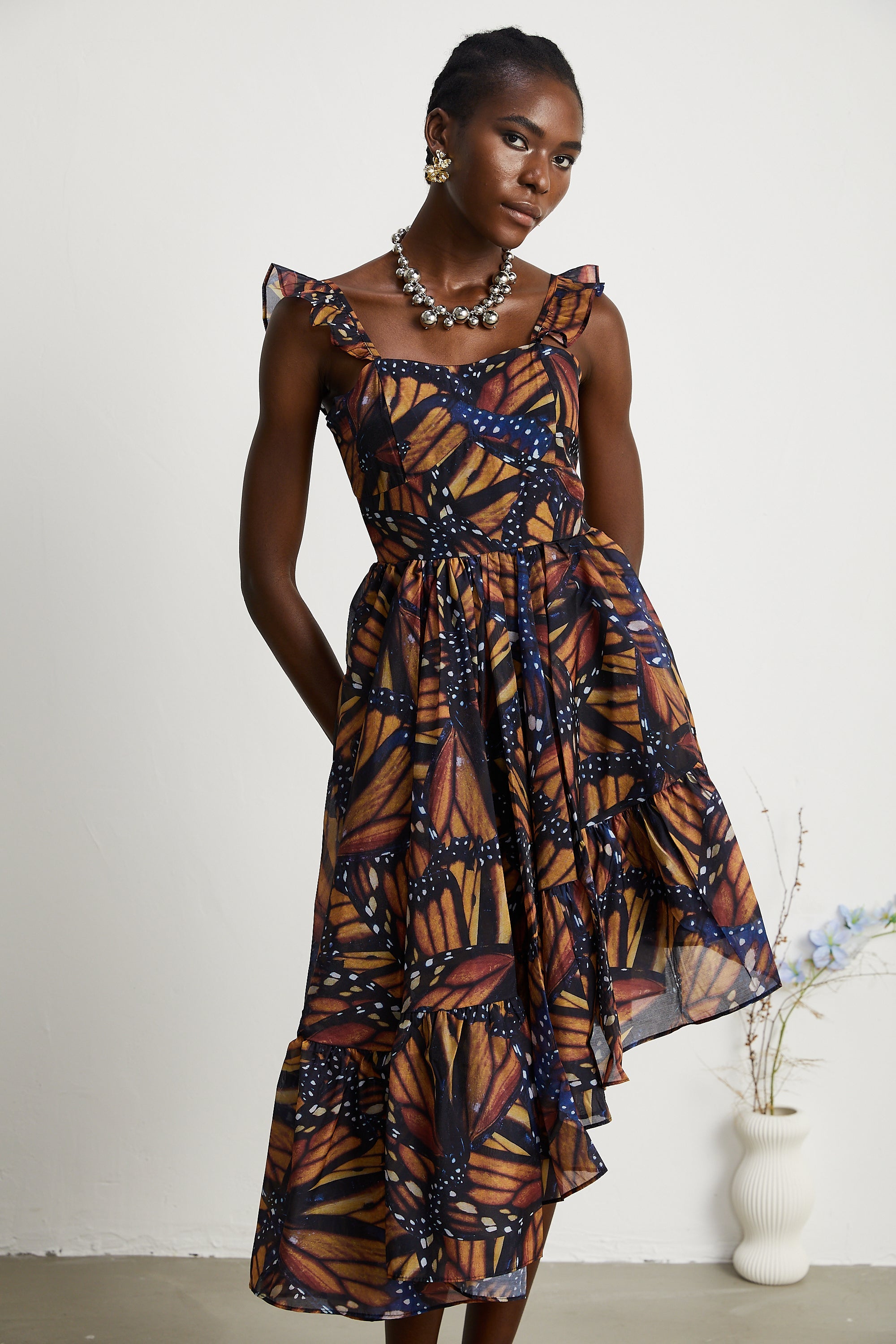 Coralie butterfly-print asymmetrical midi dress (US Only)