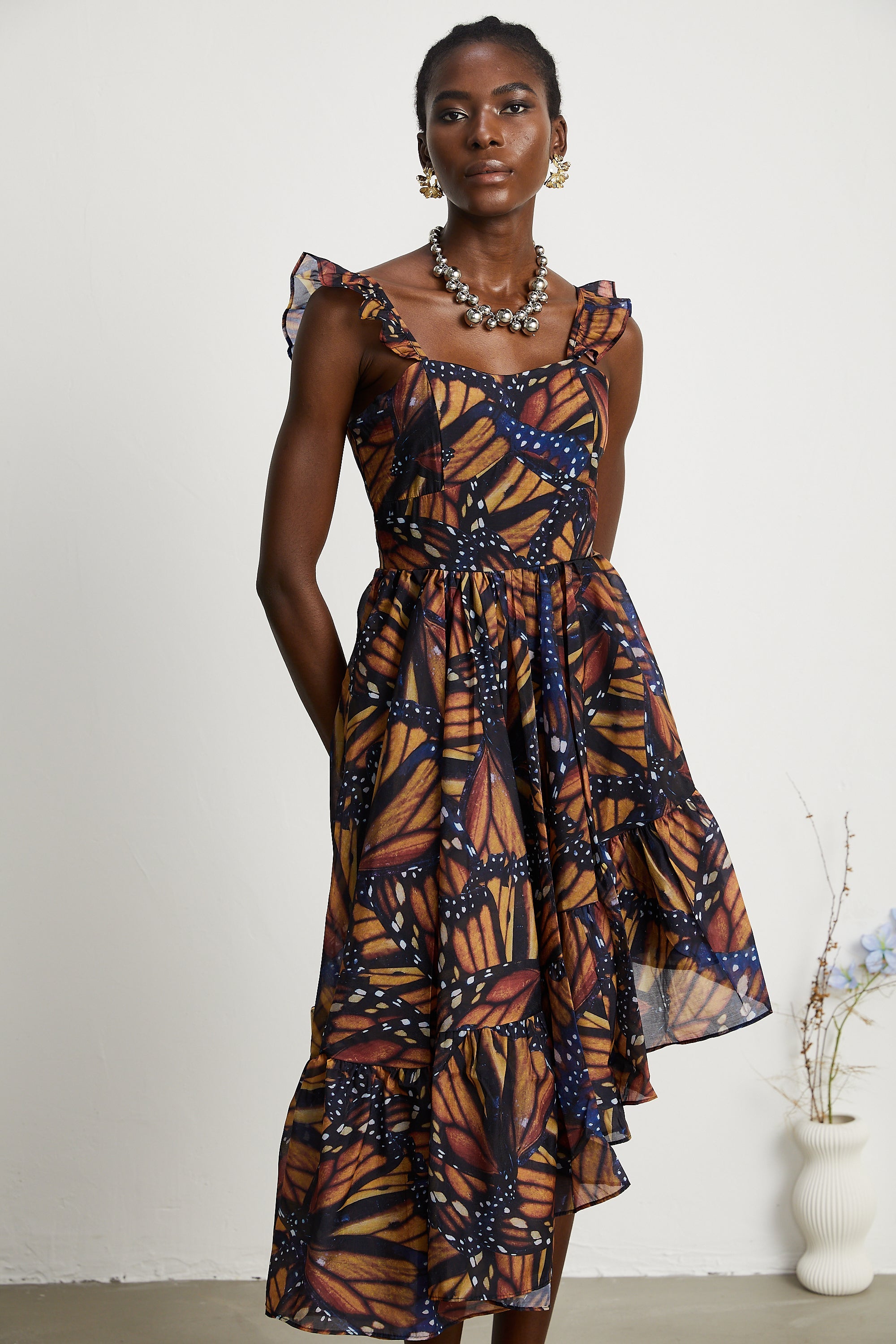 Coralie butterfly-print asymmetrical midi dress (US Only)