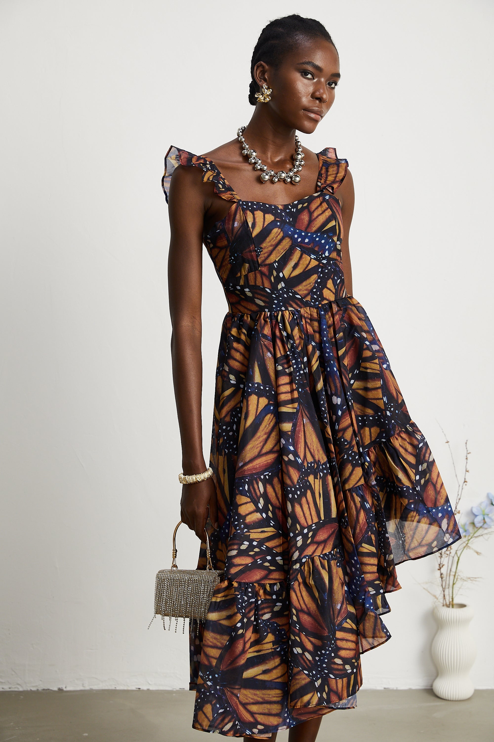 Coralie butterfly-print asymmetrical midi dress (US Only)