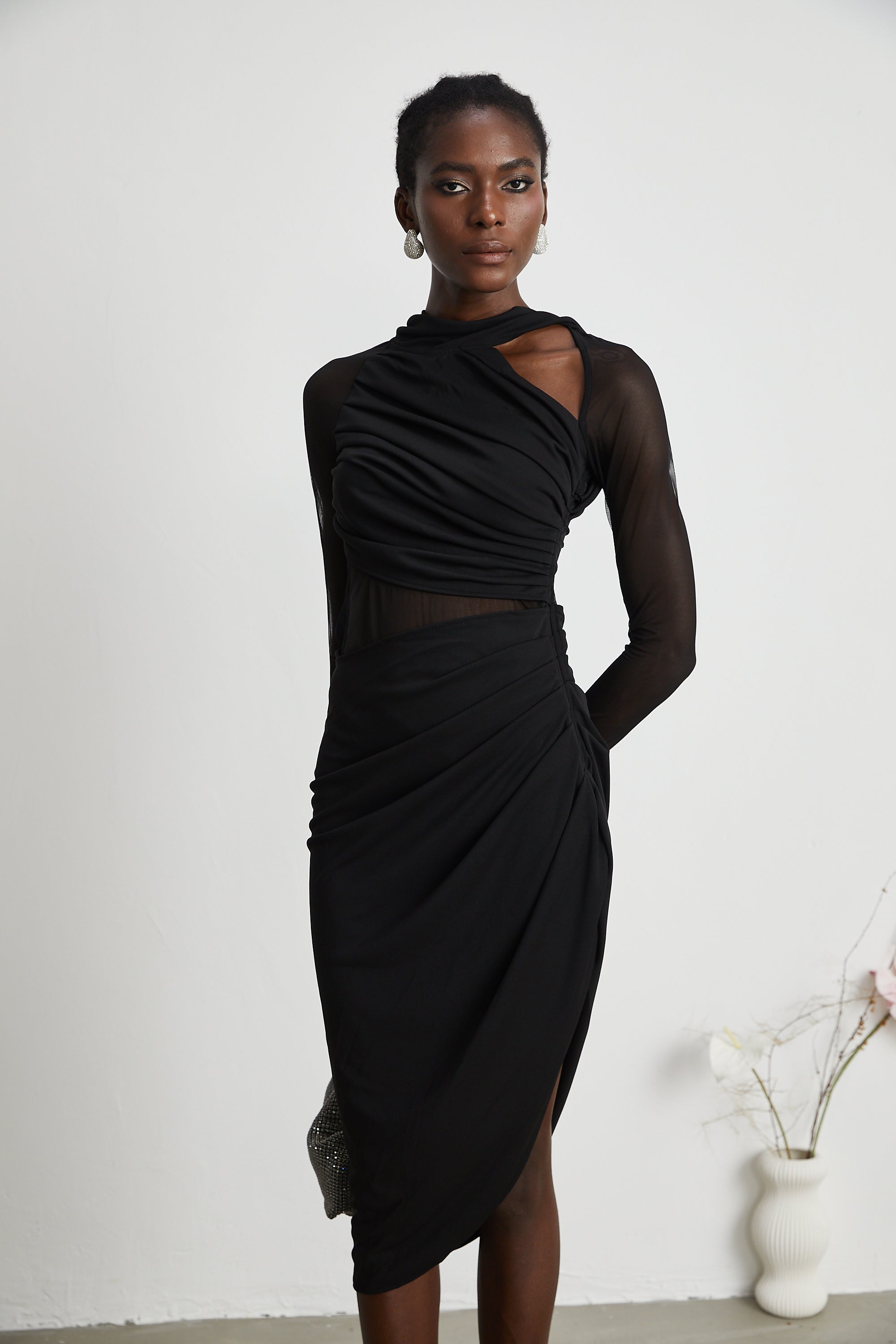 Clarisse semi-sheer ruched midi dress (Final Sale)