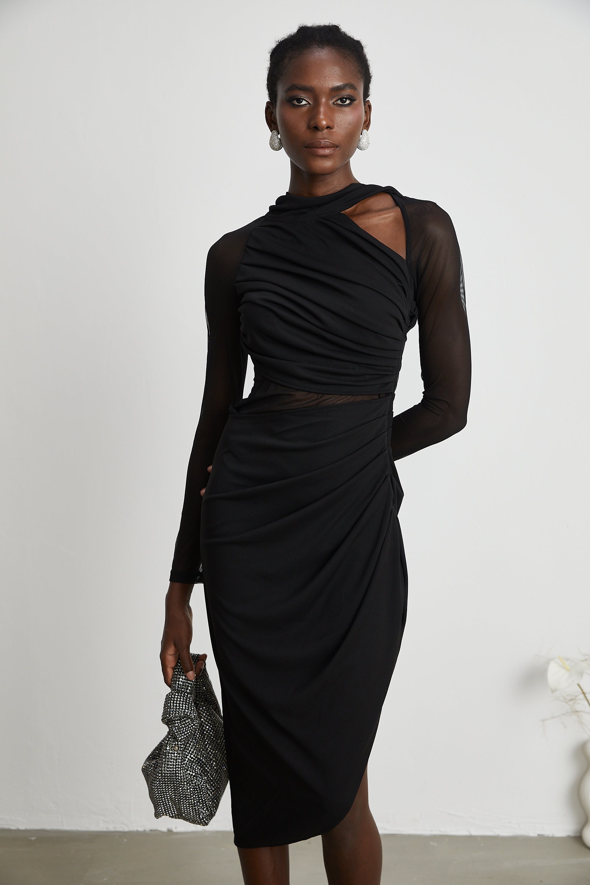 Clarisse semi-sheer ruched midi dress (Final Sale)