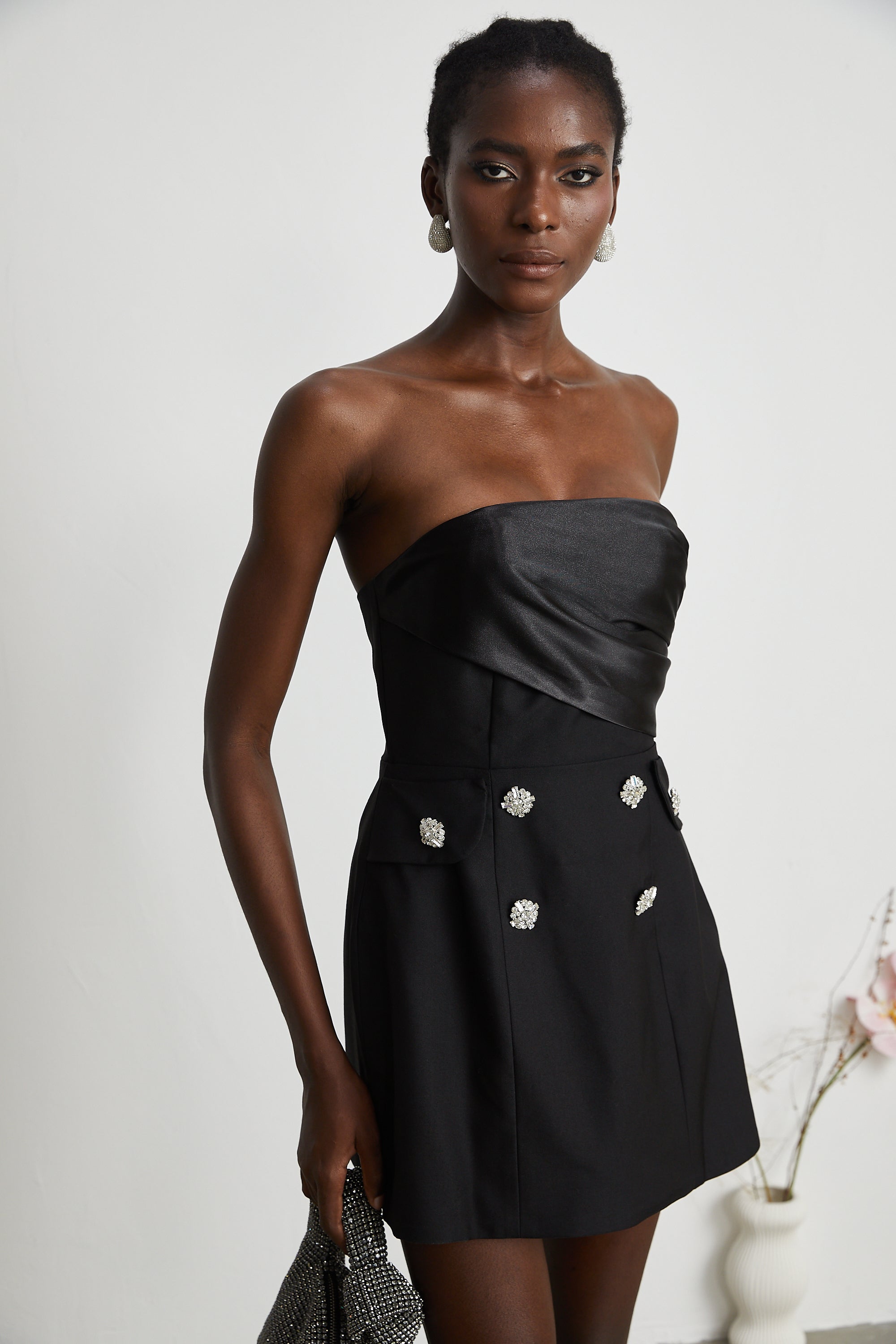 Mealla black crystal-button flared mini dress ( Final Sale-US Only)