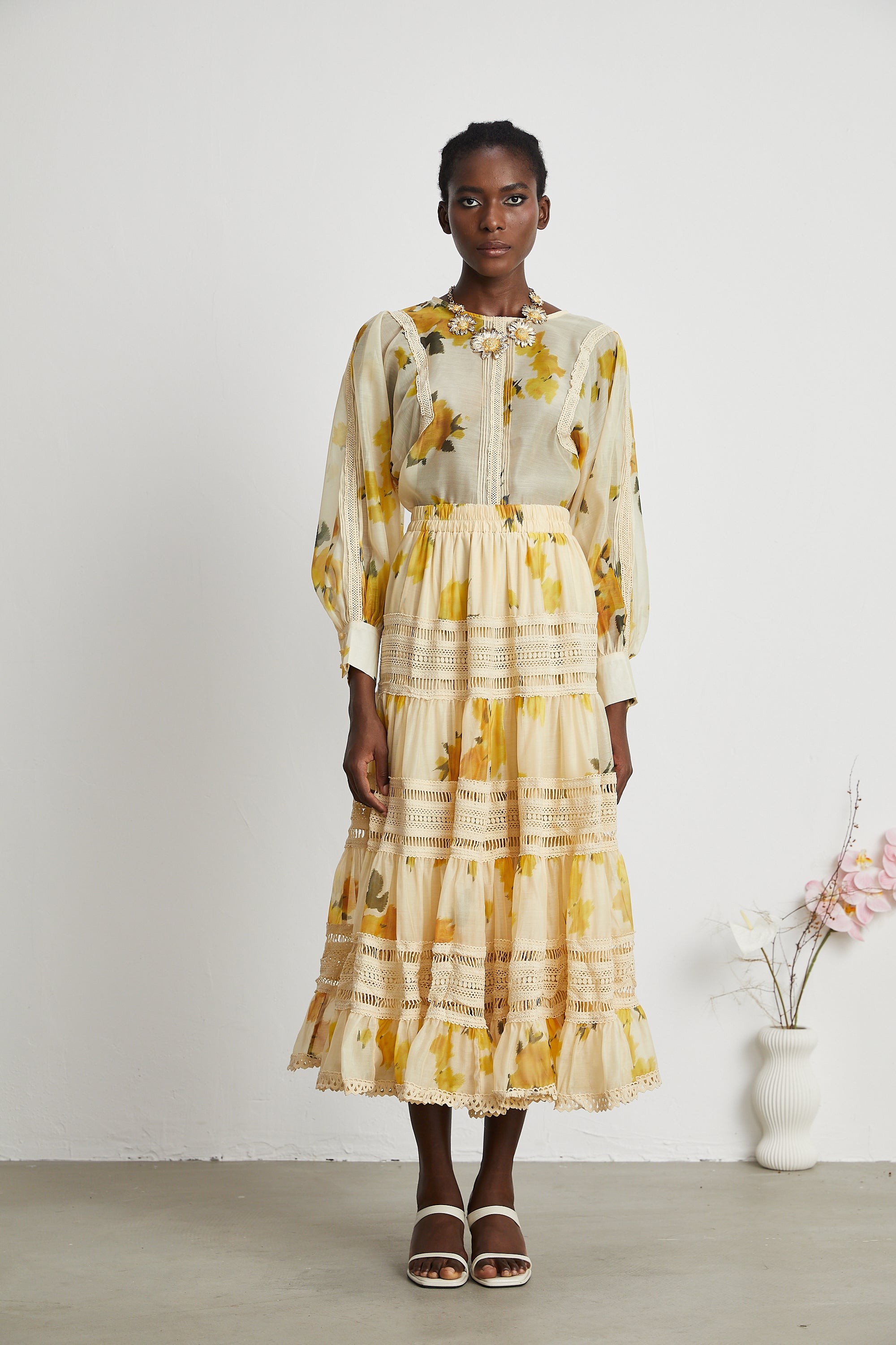Éva yellow floral-print blouse & skirt matching set - Yellow