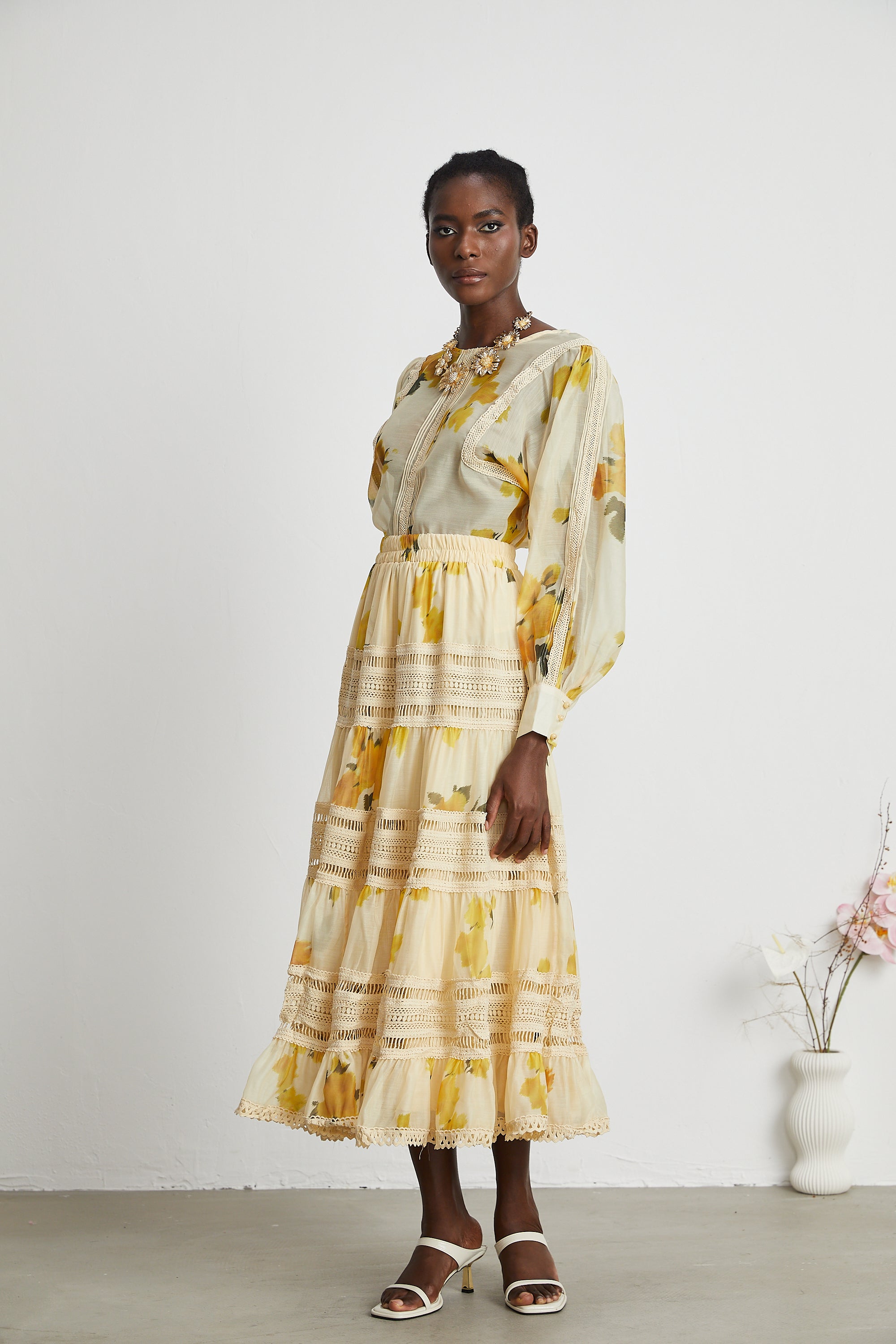 Éva yellow floral-print blouse & skirt matching set - Yellow