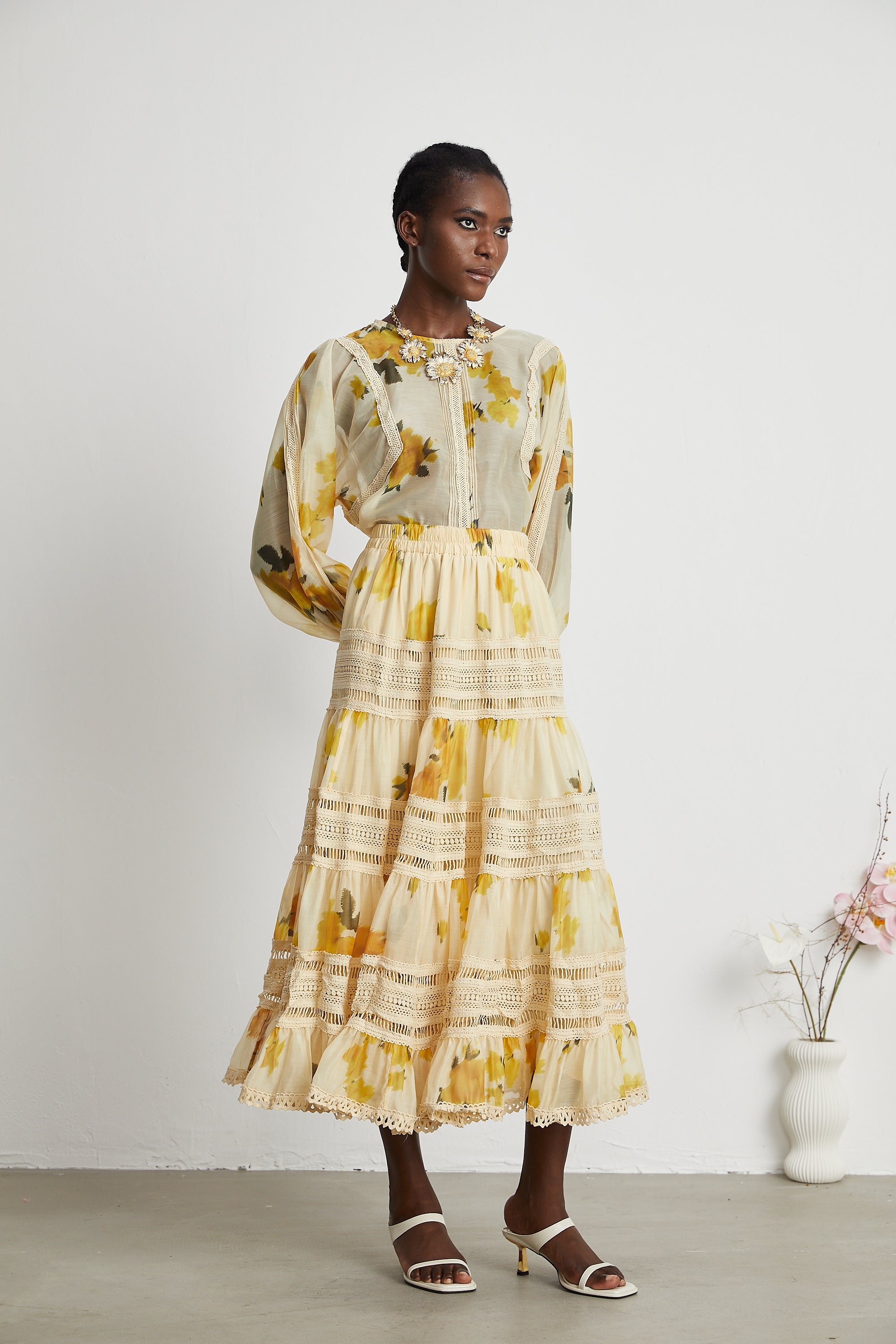 Éva yellow floral-print blouse & skirt matching set - Yellow