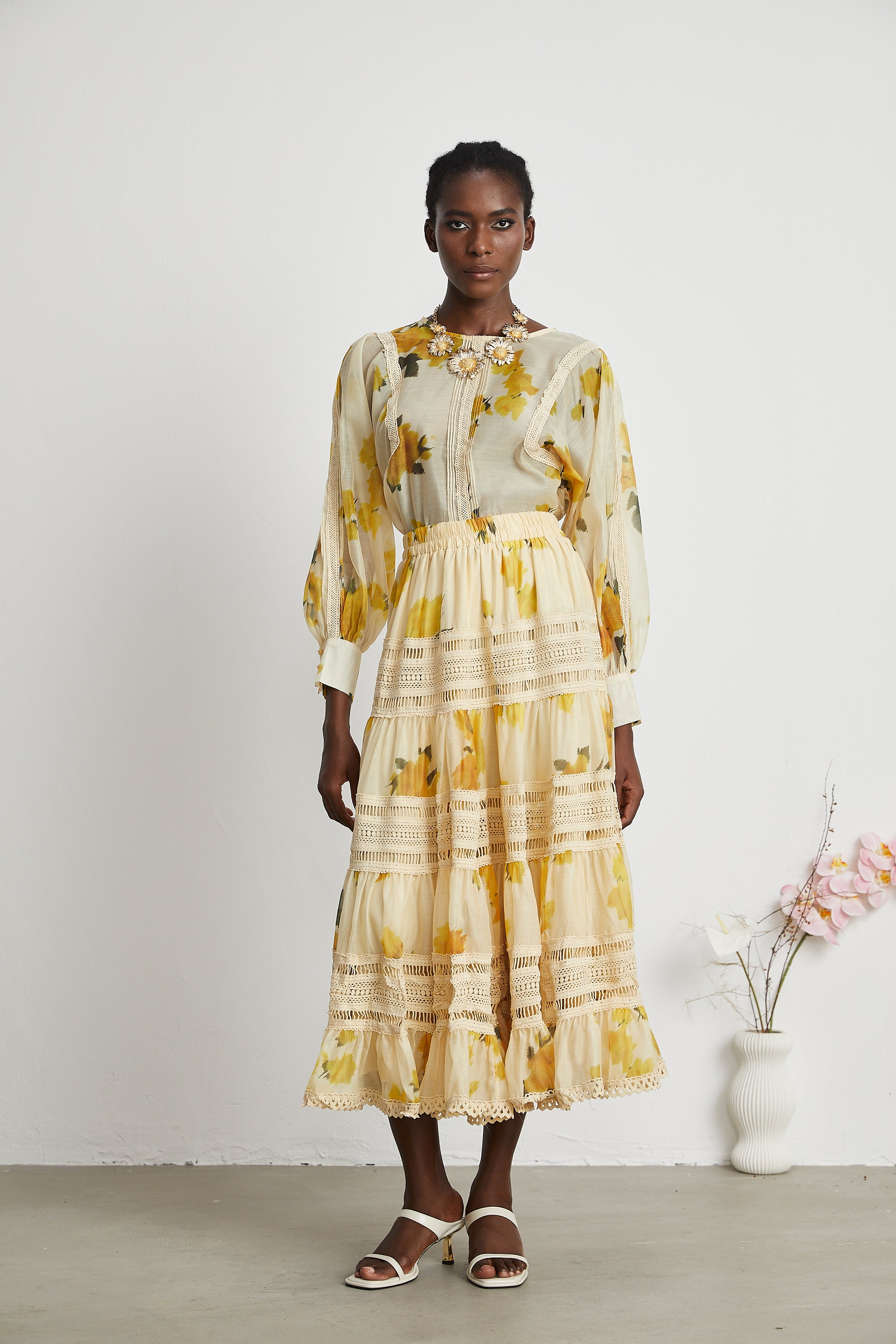 Éva yellow floral-print blouse & skirt matching set - Yellow