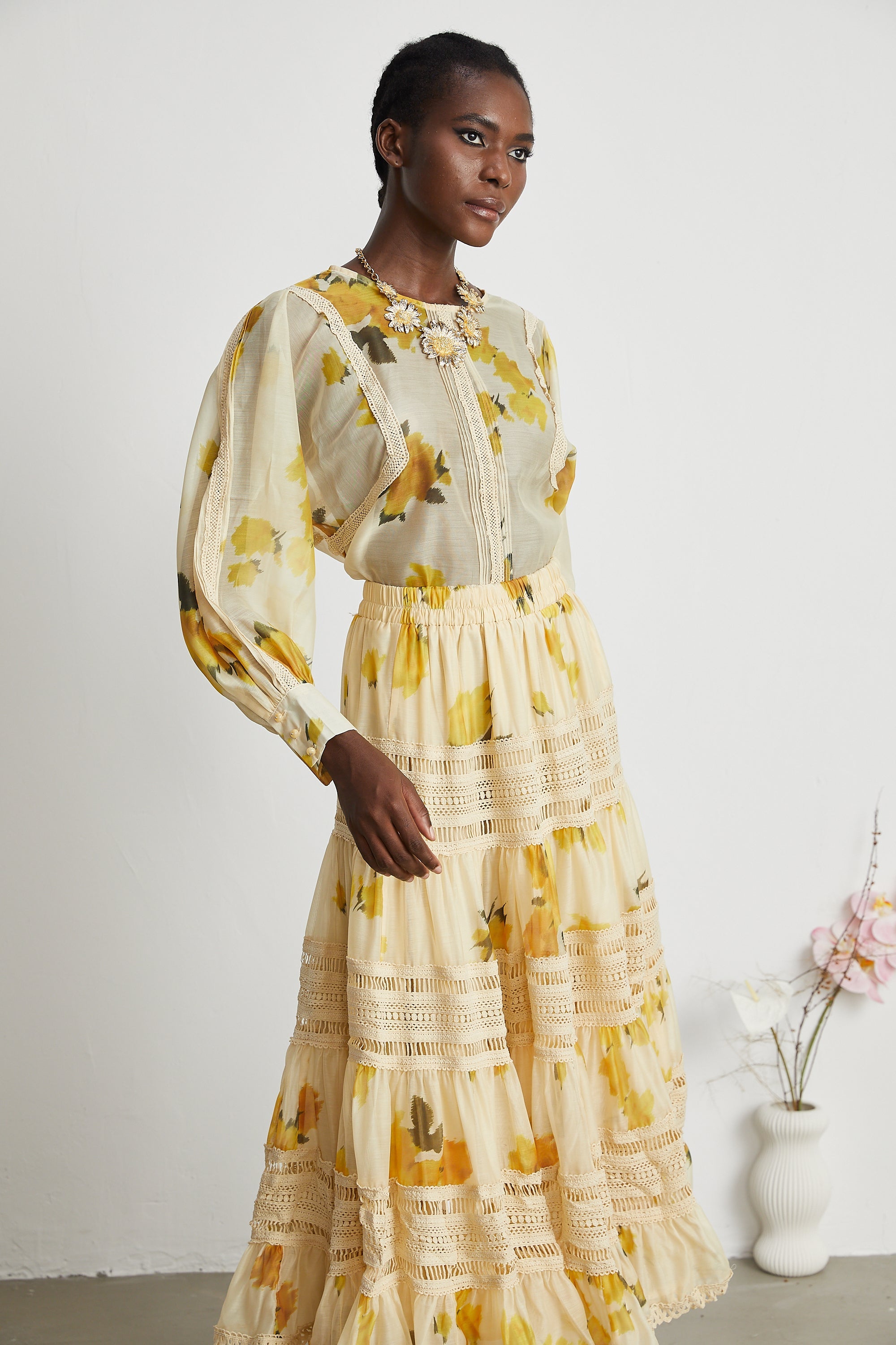 Éva yellow floral-print blouse & skirt matching set - Yellow