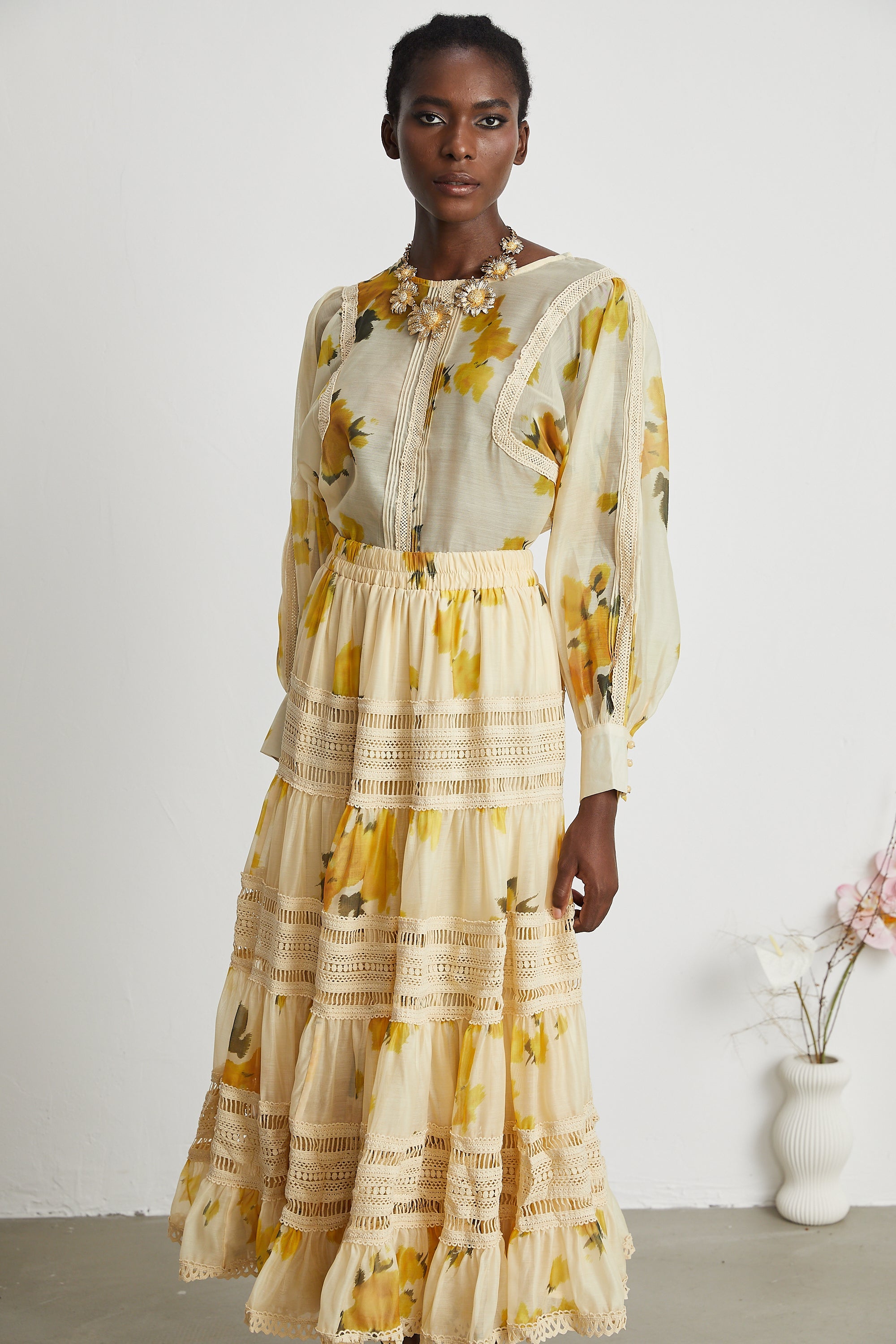 Éva yellow floral-print blouse & skirt matching set - Yellow