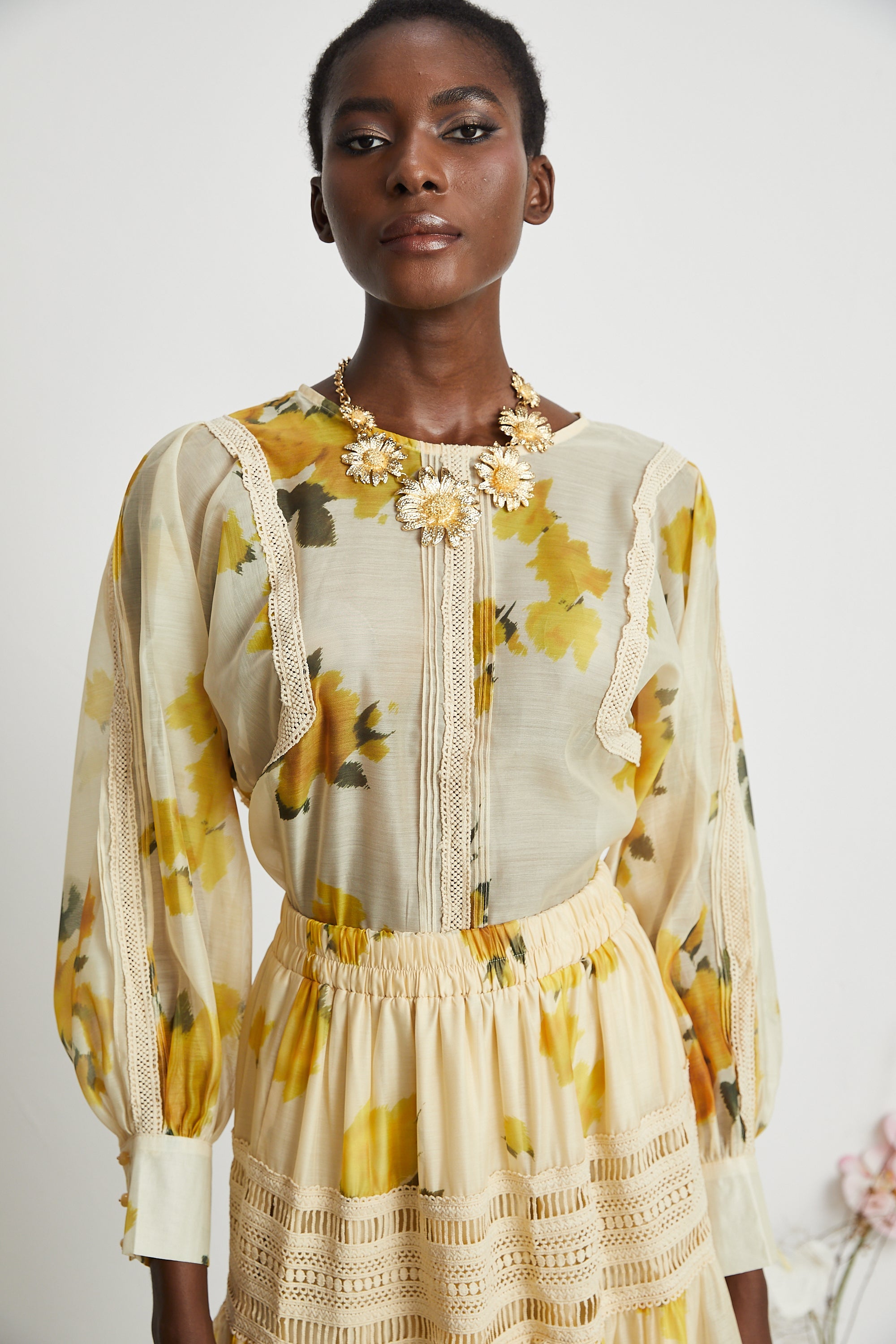 Éva yellow floral-print blouse & skirt matching set - Yellow