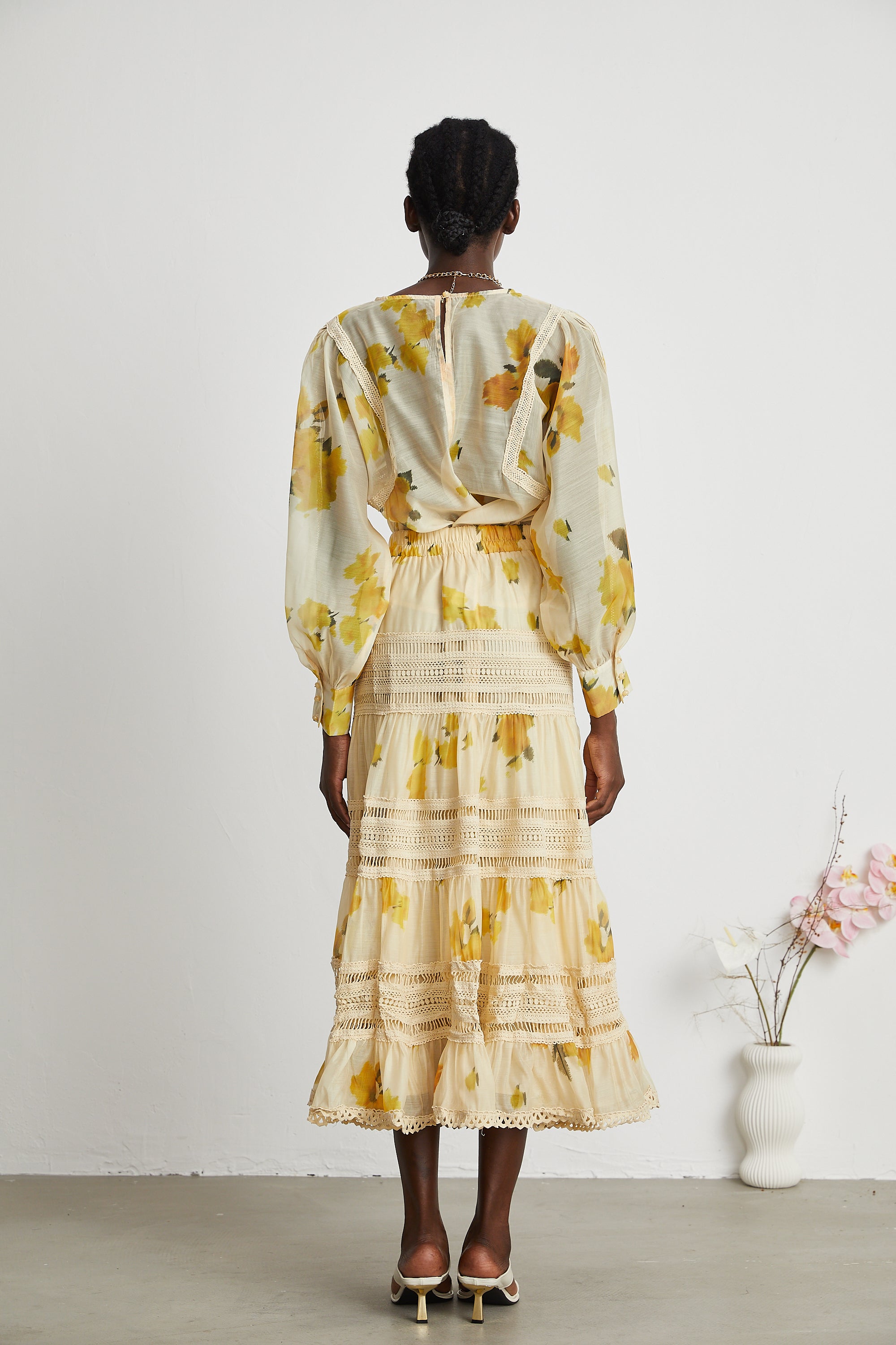 Éva yellow floral-print blouse & skirt matching set - Yellow