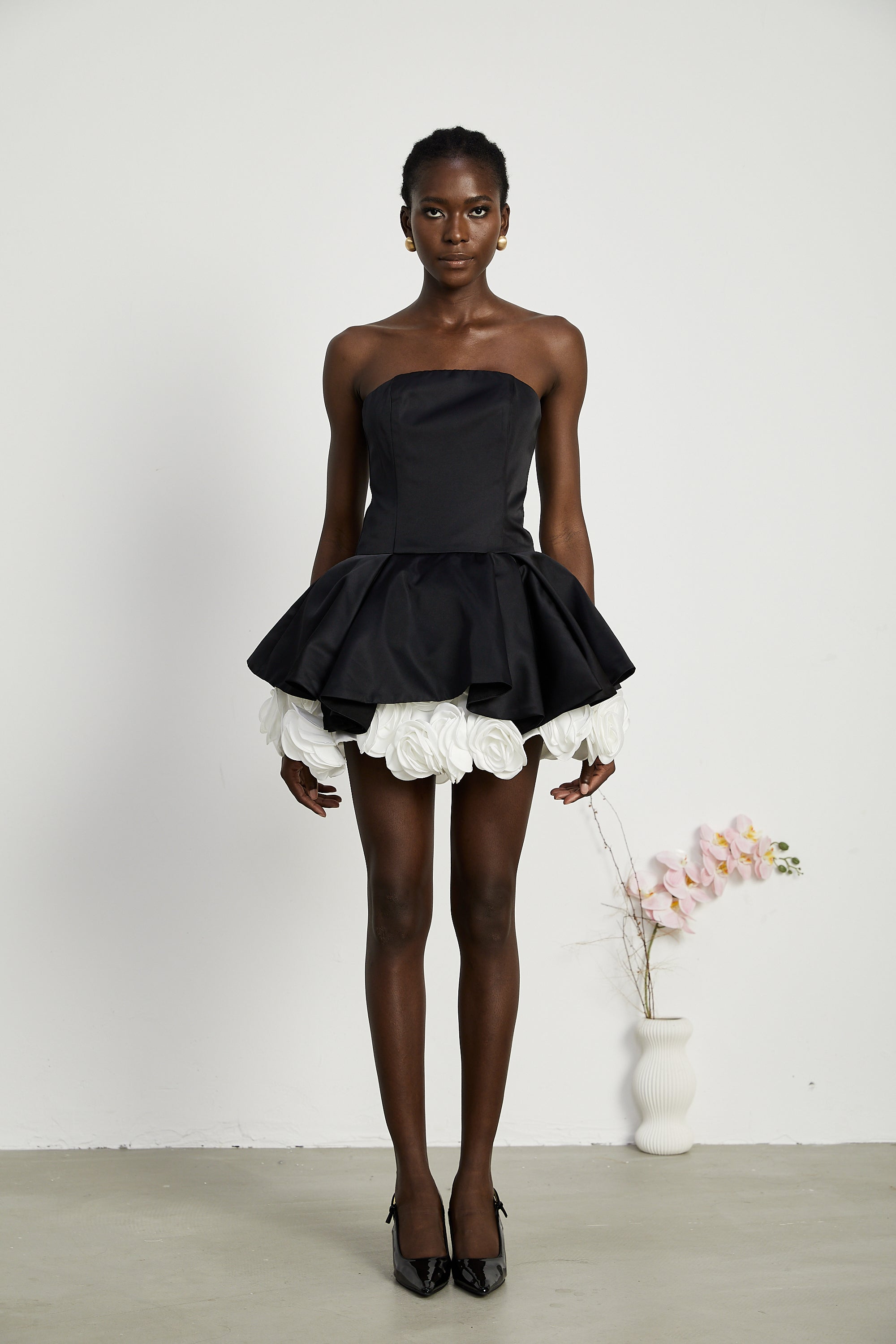 Lucie black petal-layered strapless corset mini dress (US Only)