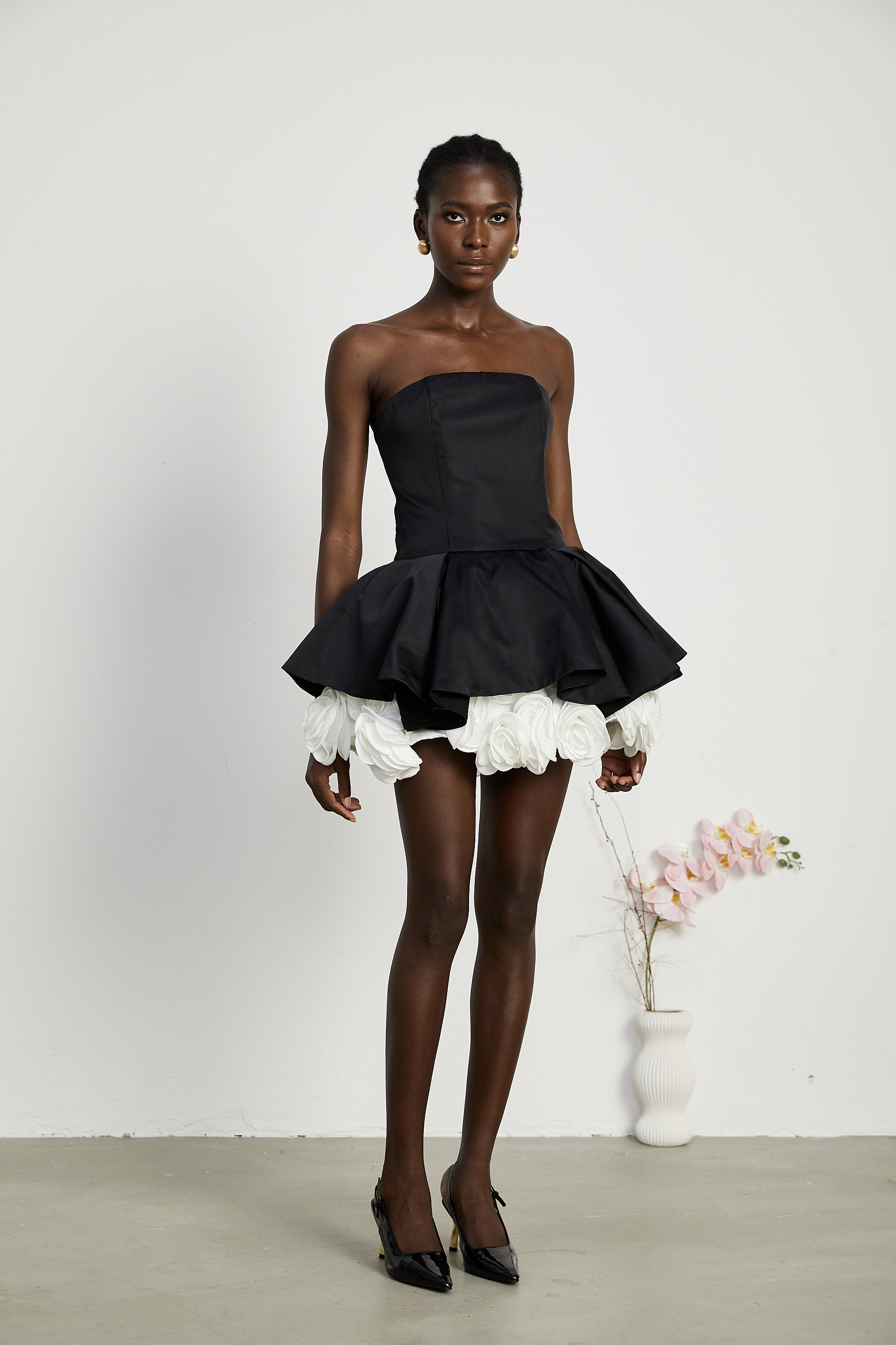 Lucie black petal-layered strapless corset mini dress (US Only)