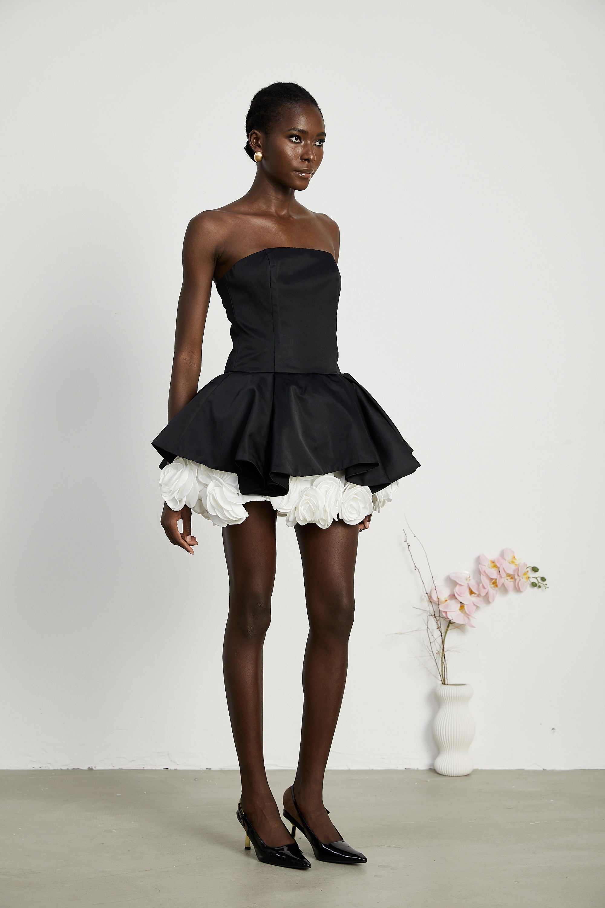 Lucie black petal-layered strapless corset mini dress (US Only)