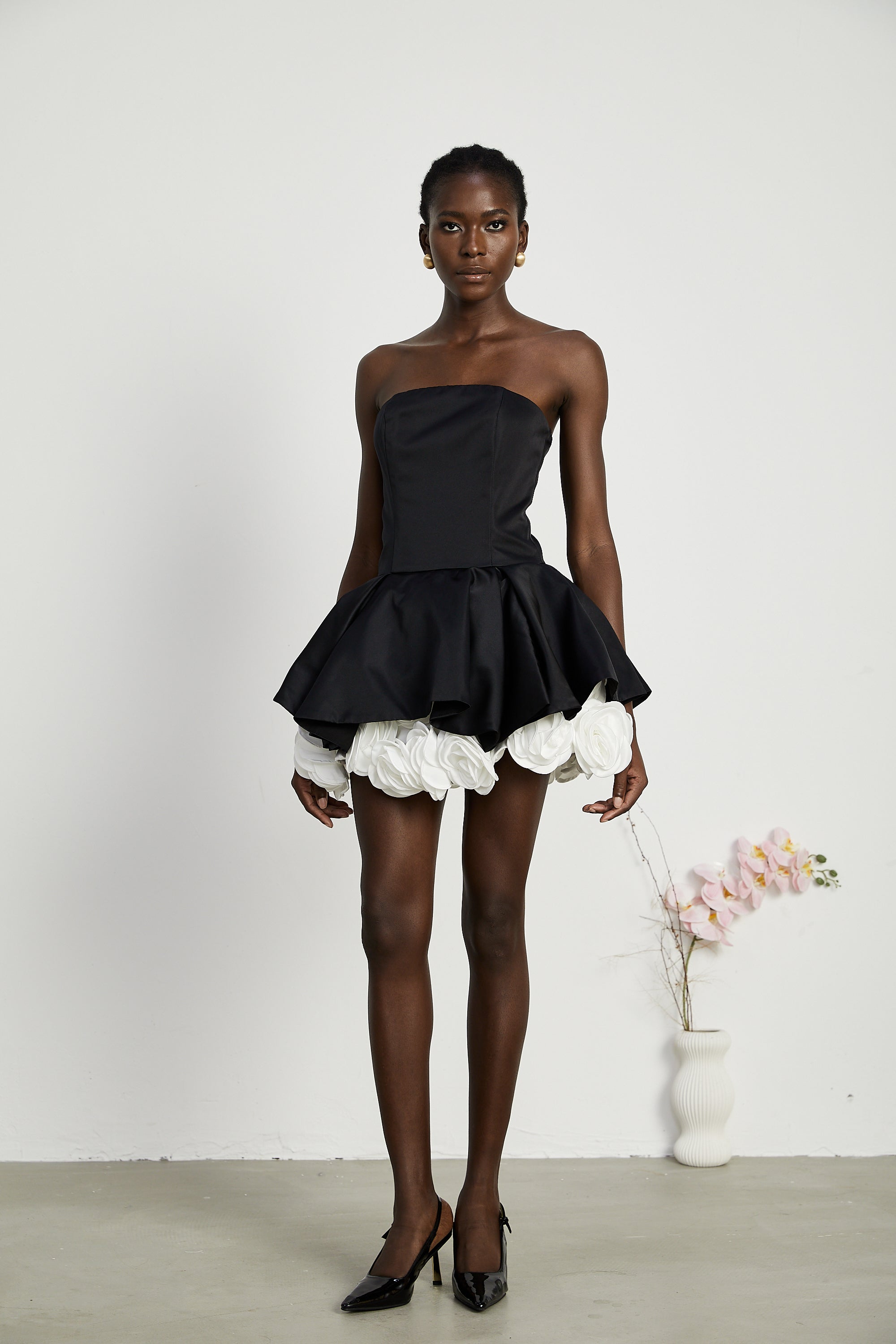 Lucie black petal-layered strapless corset mini dress (US Only)