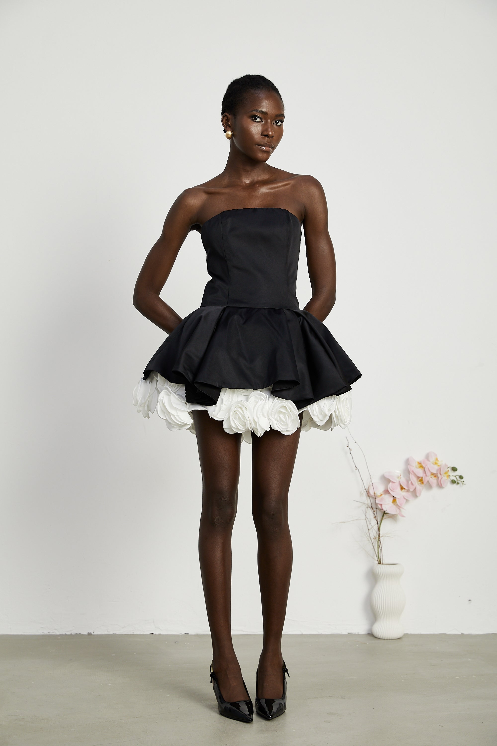 Lucie black petal-layered strapless corset mini dress (US Only)