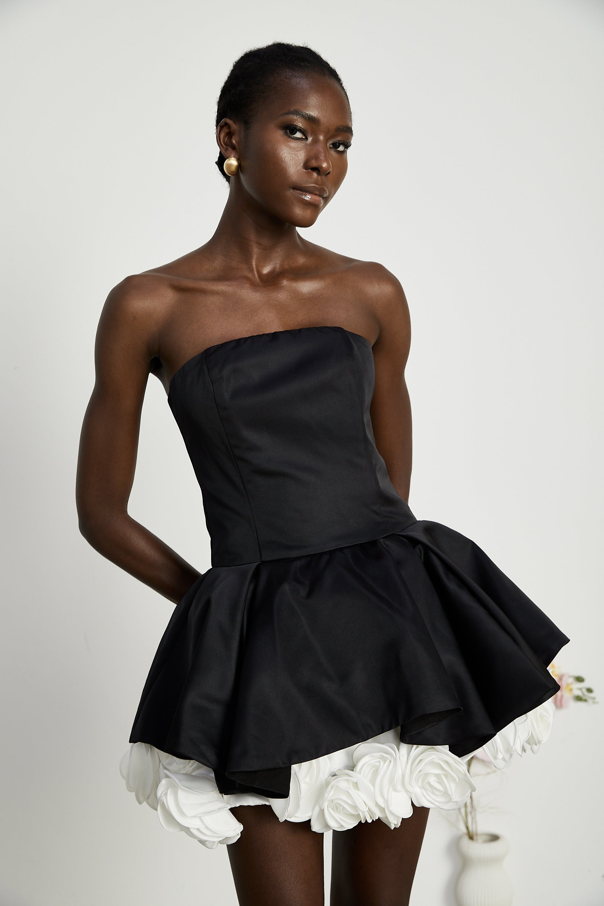 Lucie black petal-layered strapless corset mini dress (US Only)