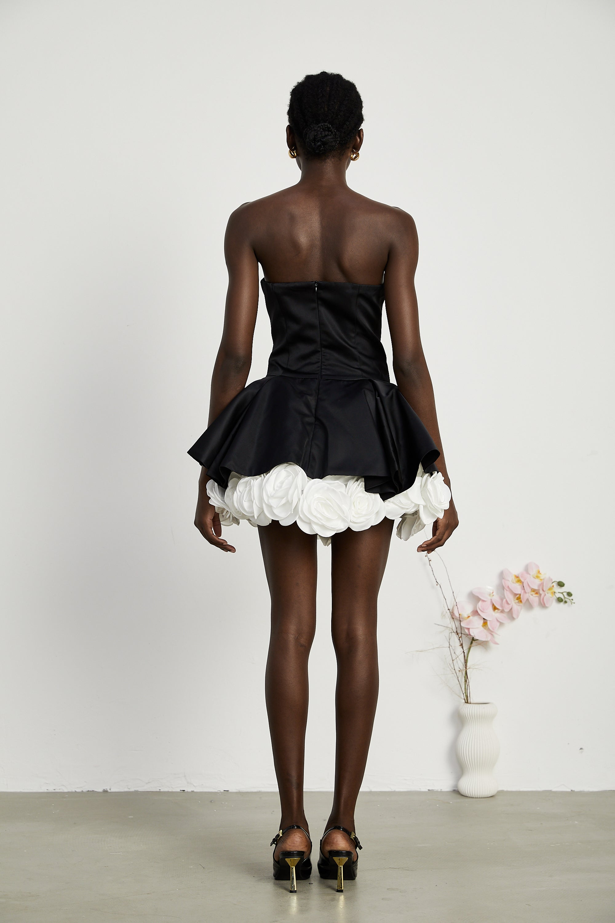Lucie black petal-layered strapless corset mini dress (US Only)