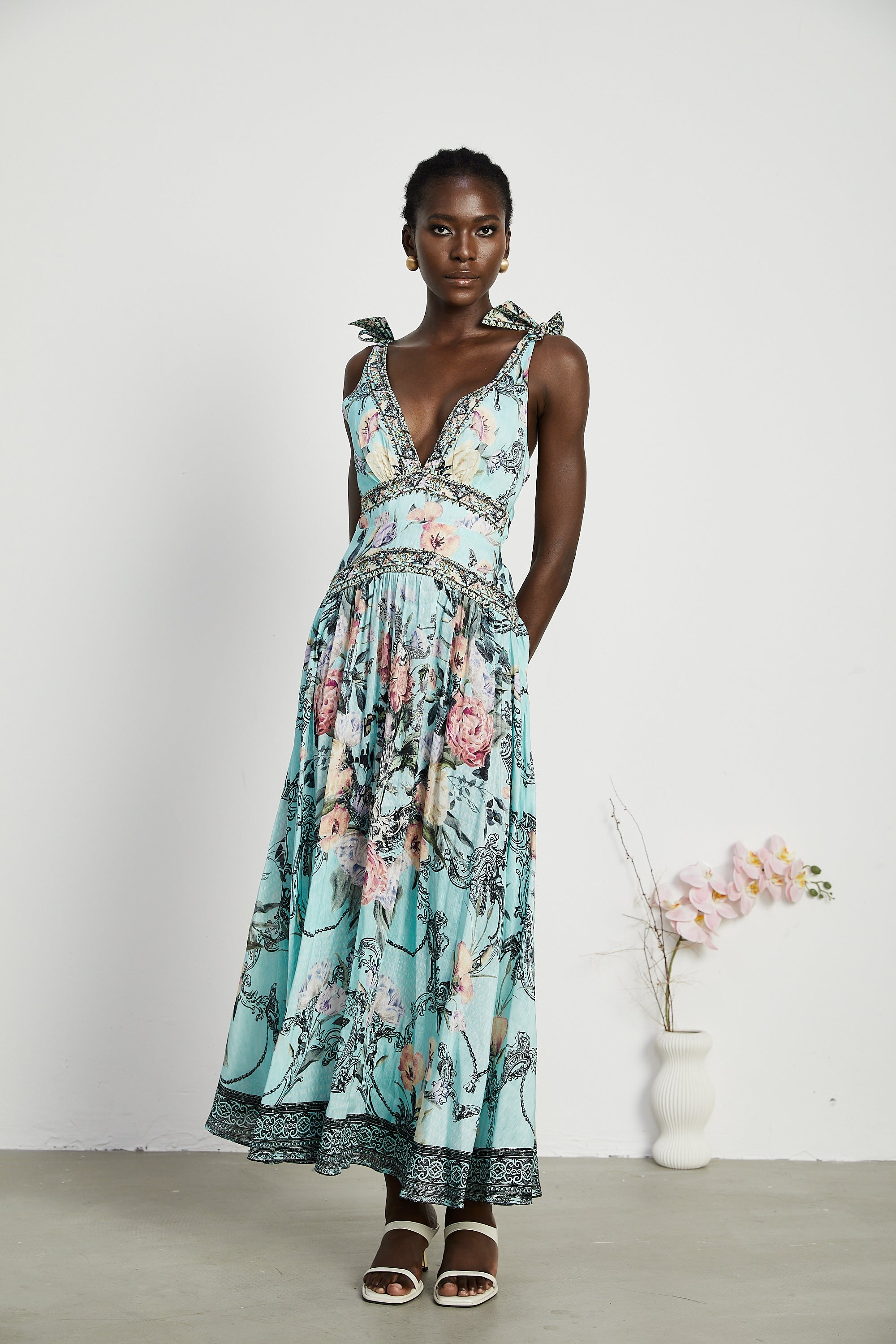 Saira tie-shoulder midi dress