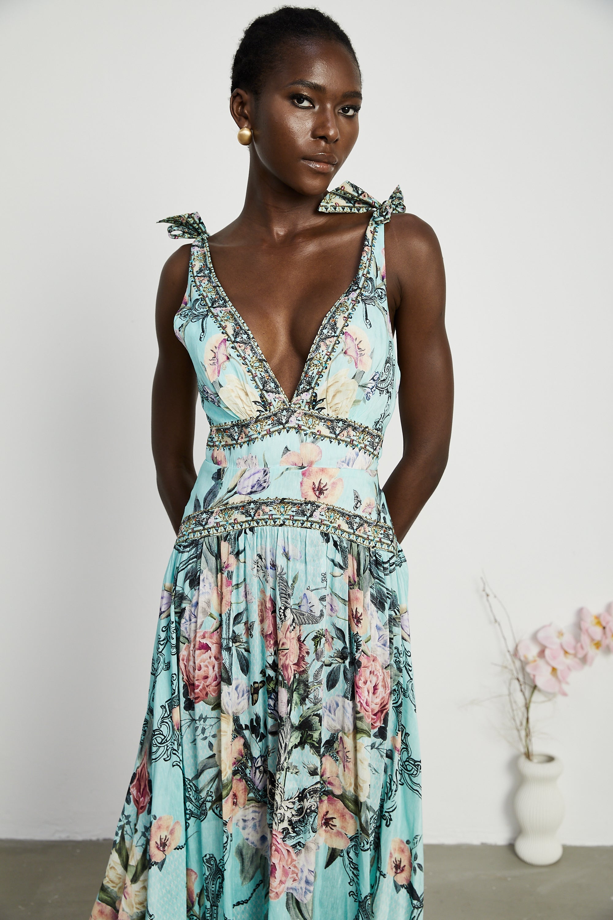 Saira tie-shoulder midi dress