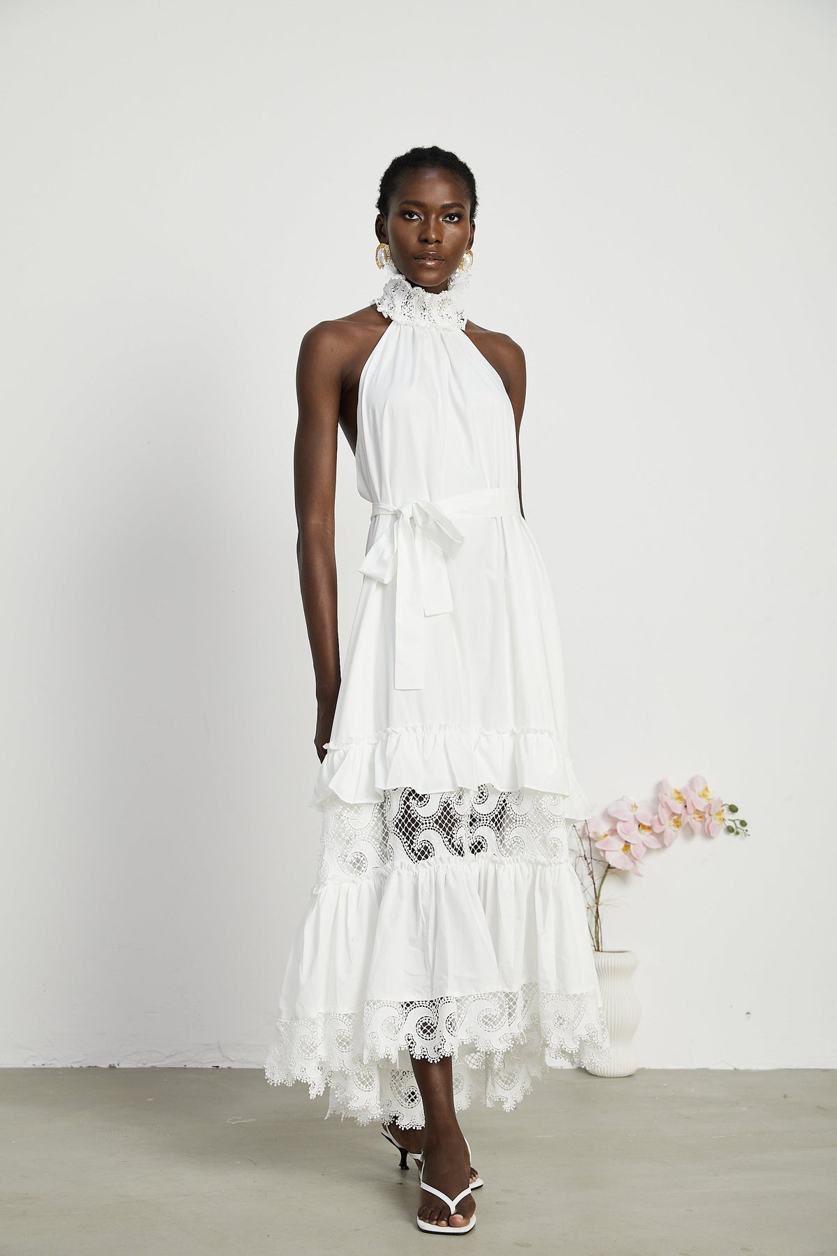 Neri white guipure-lace midi dress