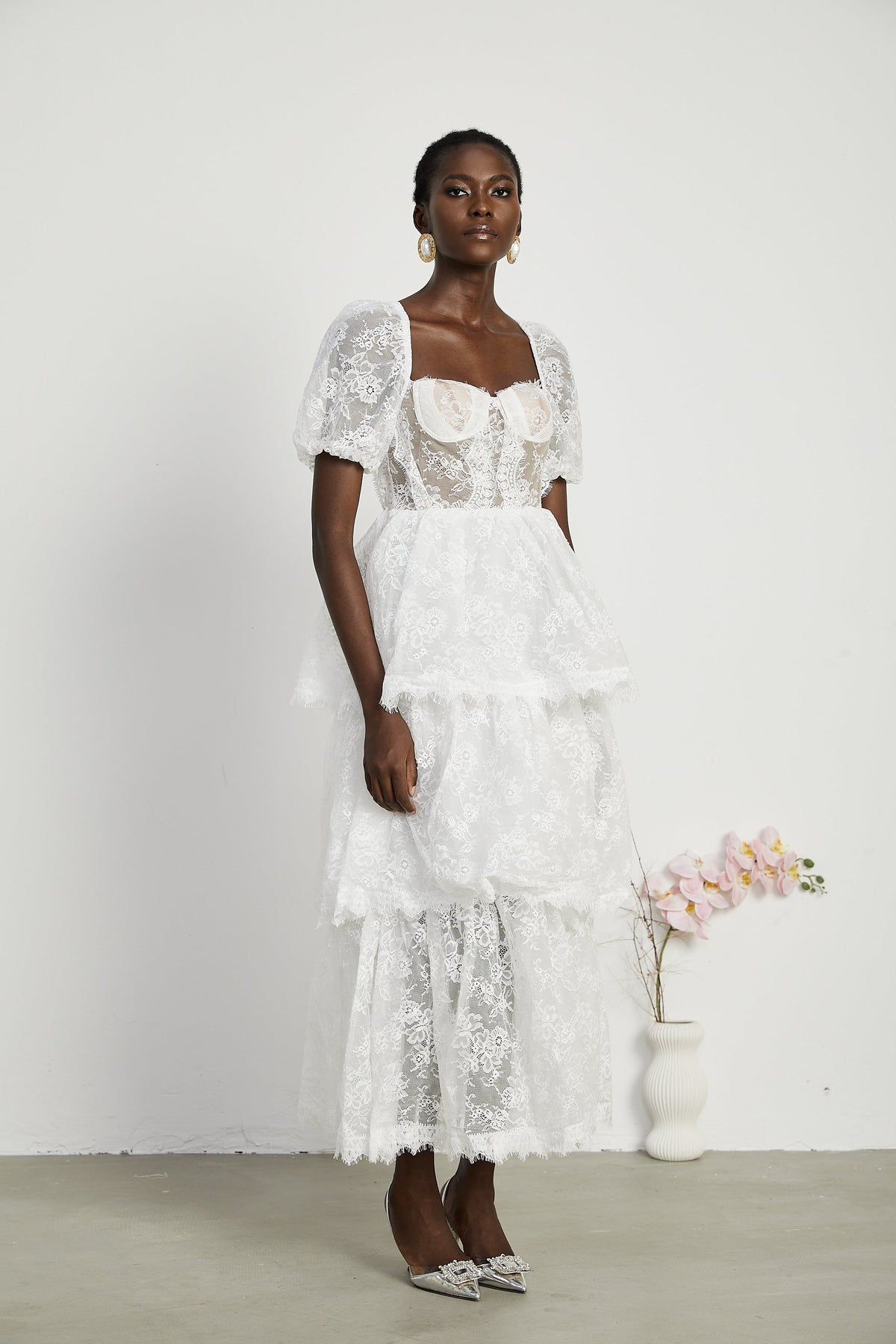 Mélisande white lace tiered maxi dress
