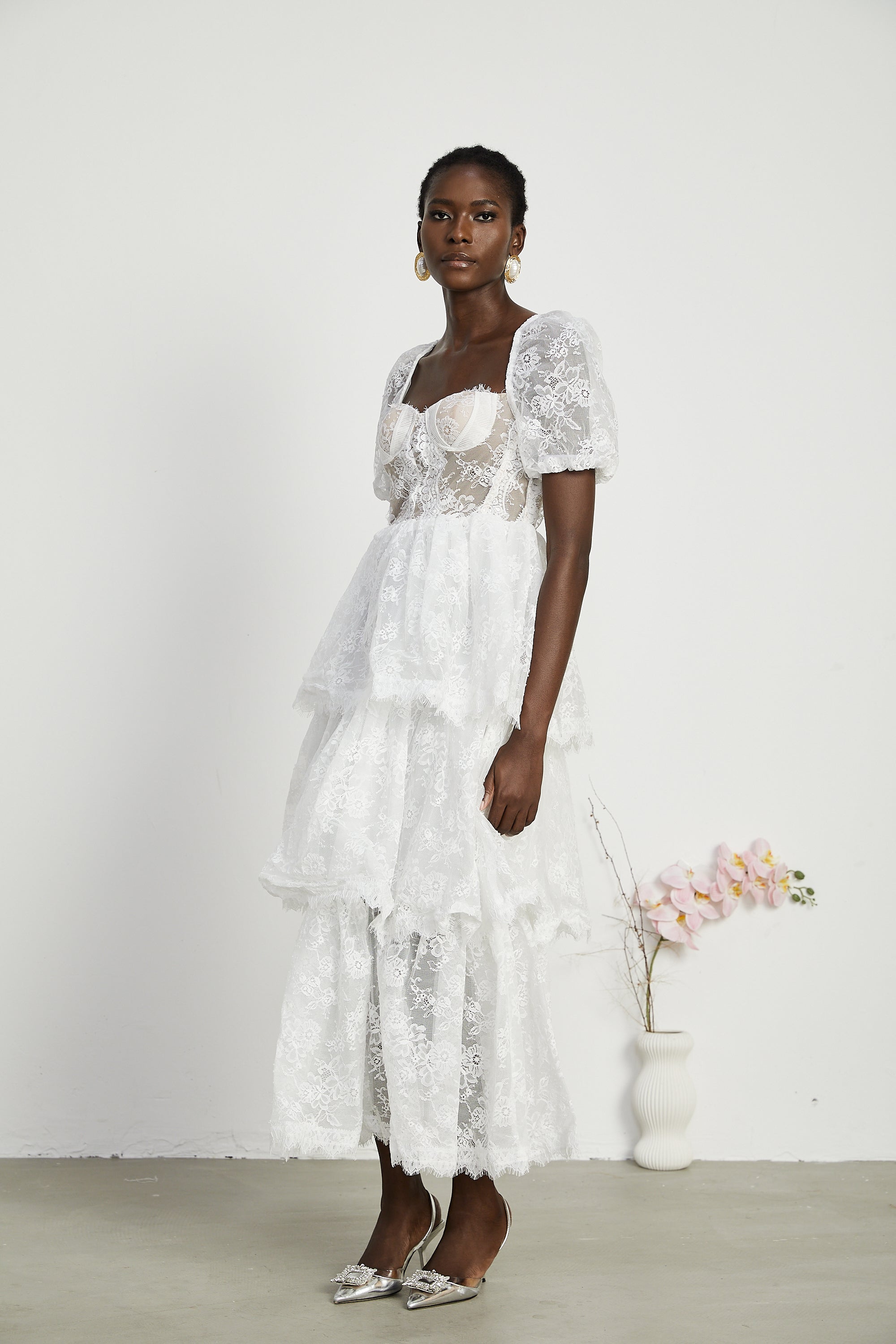 Mélisande white lace tiered maxi dress