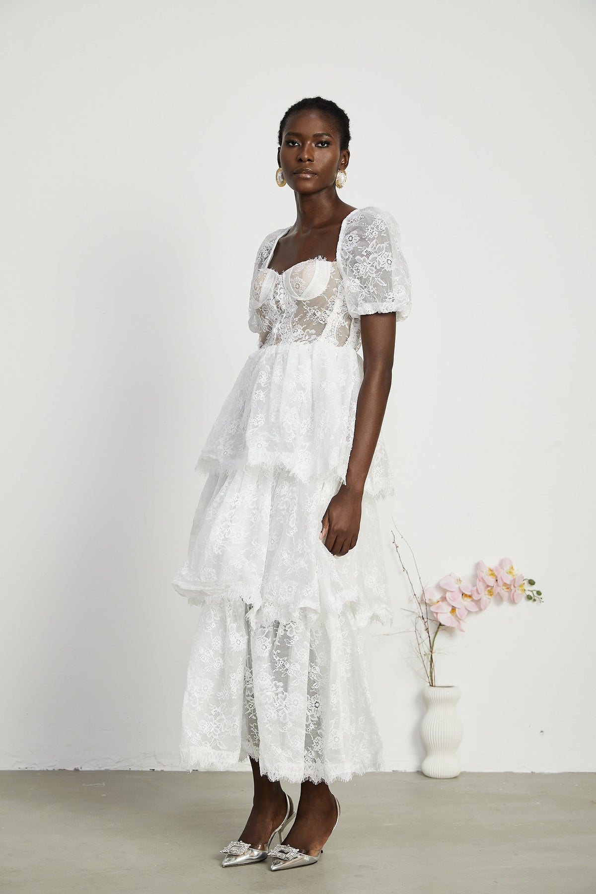 Mélisande white lace tiered maxi dress