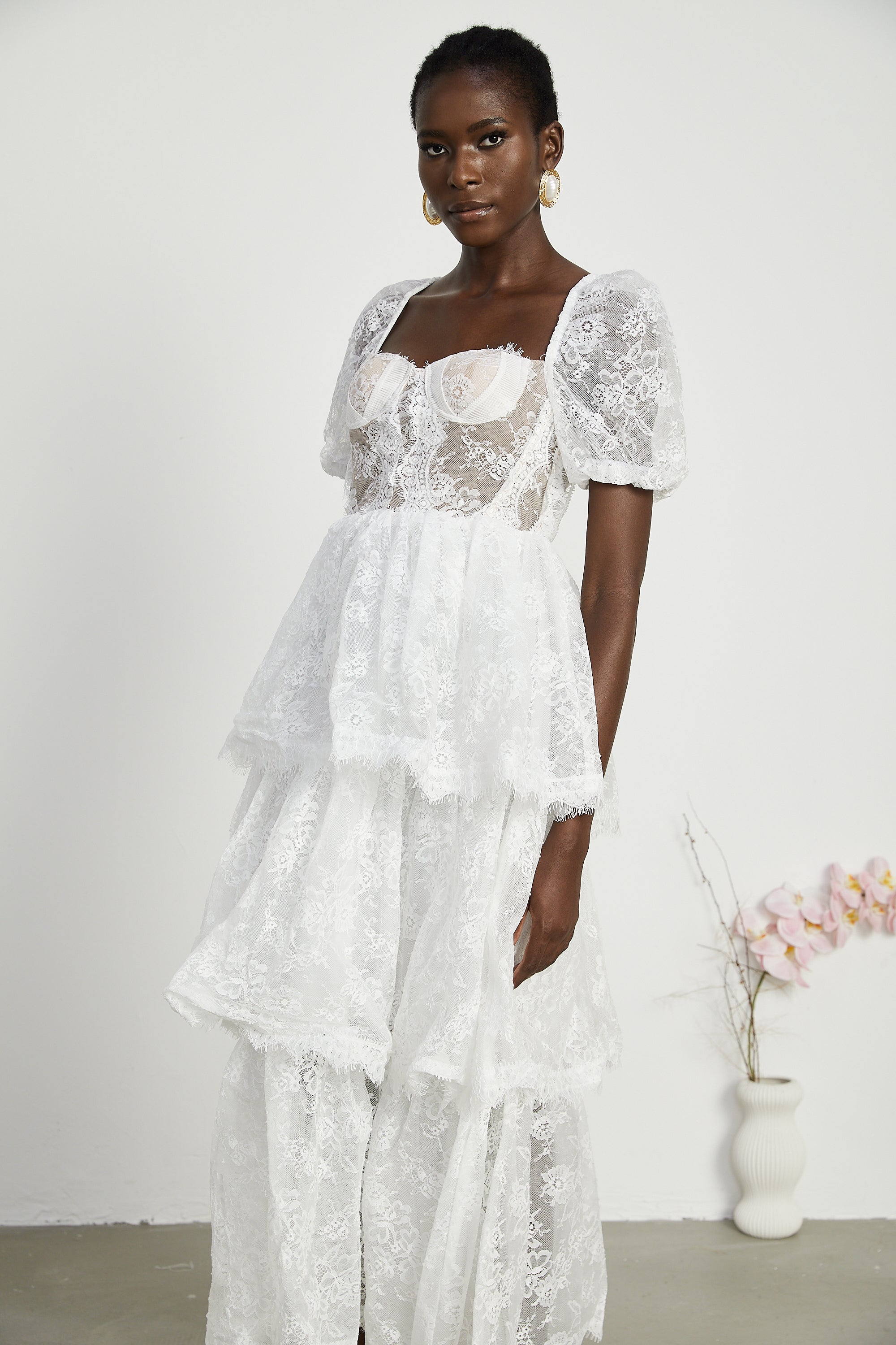 Mélisande white lace tiered maxi dress