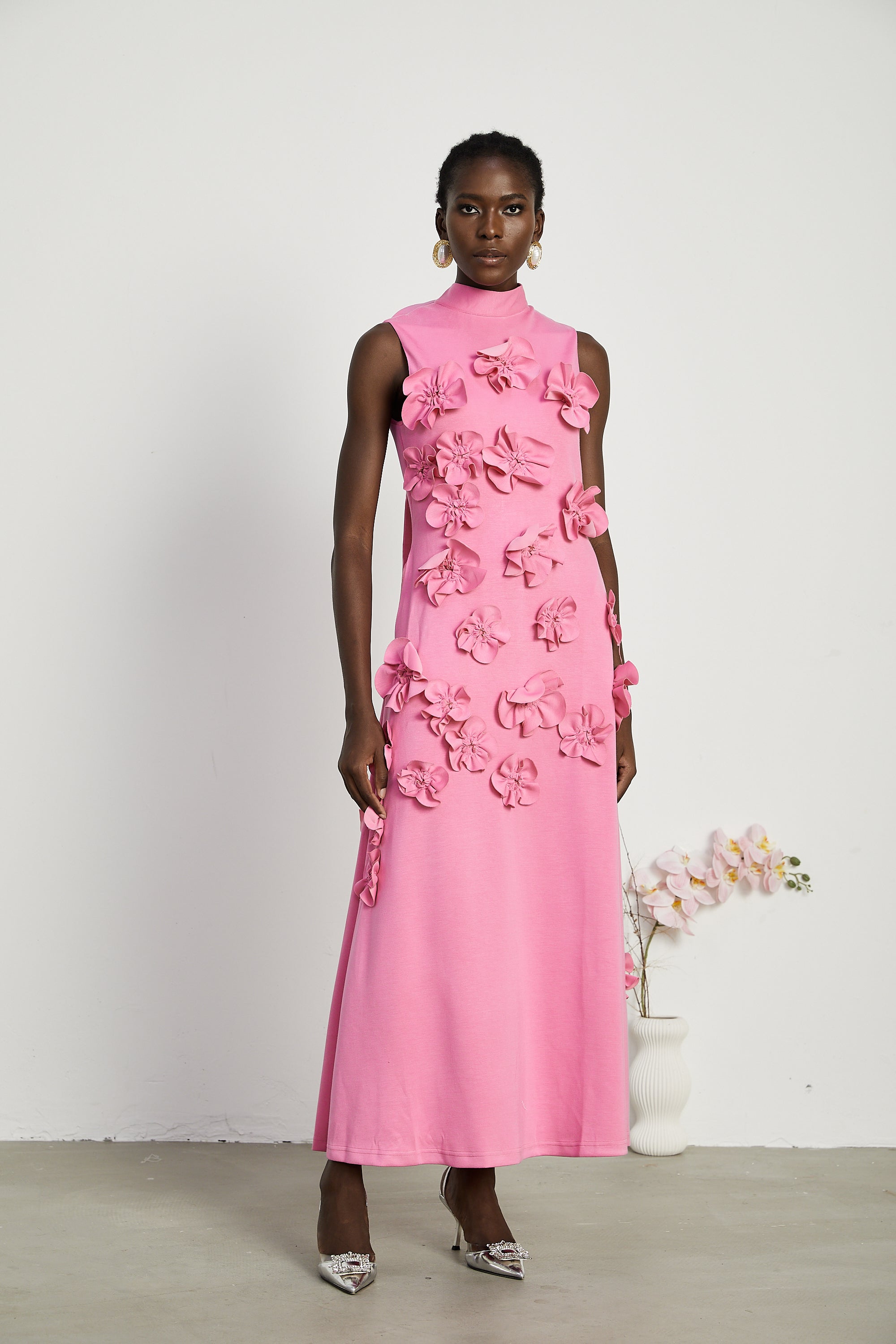 Magali Pink Sleeveless Maxi Dress with Faux Flower & Bow-Tie Embellishment (Final Sale-US Only)