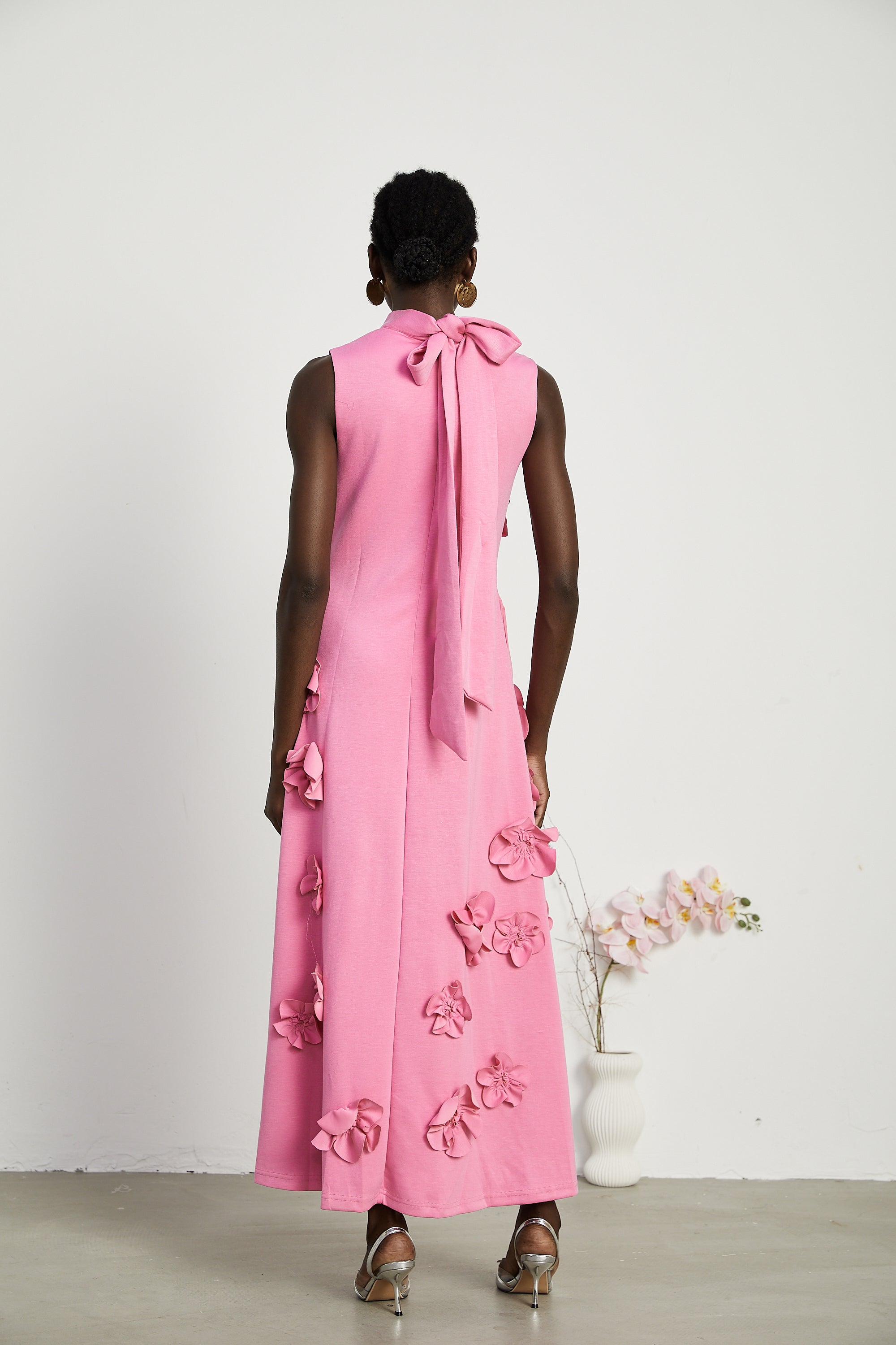 Magali Pink Sleeveless Maxi Dress with Faux Flower & Bow-Tie Embellishment (Final Sale-US Only)