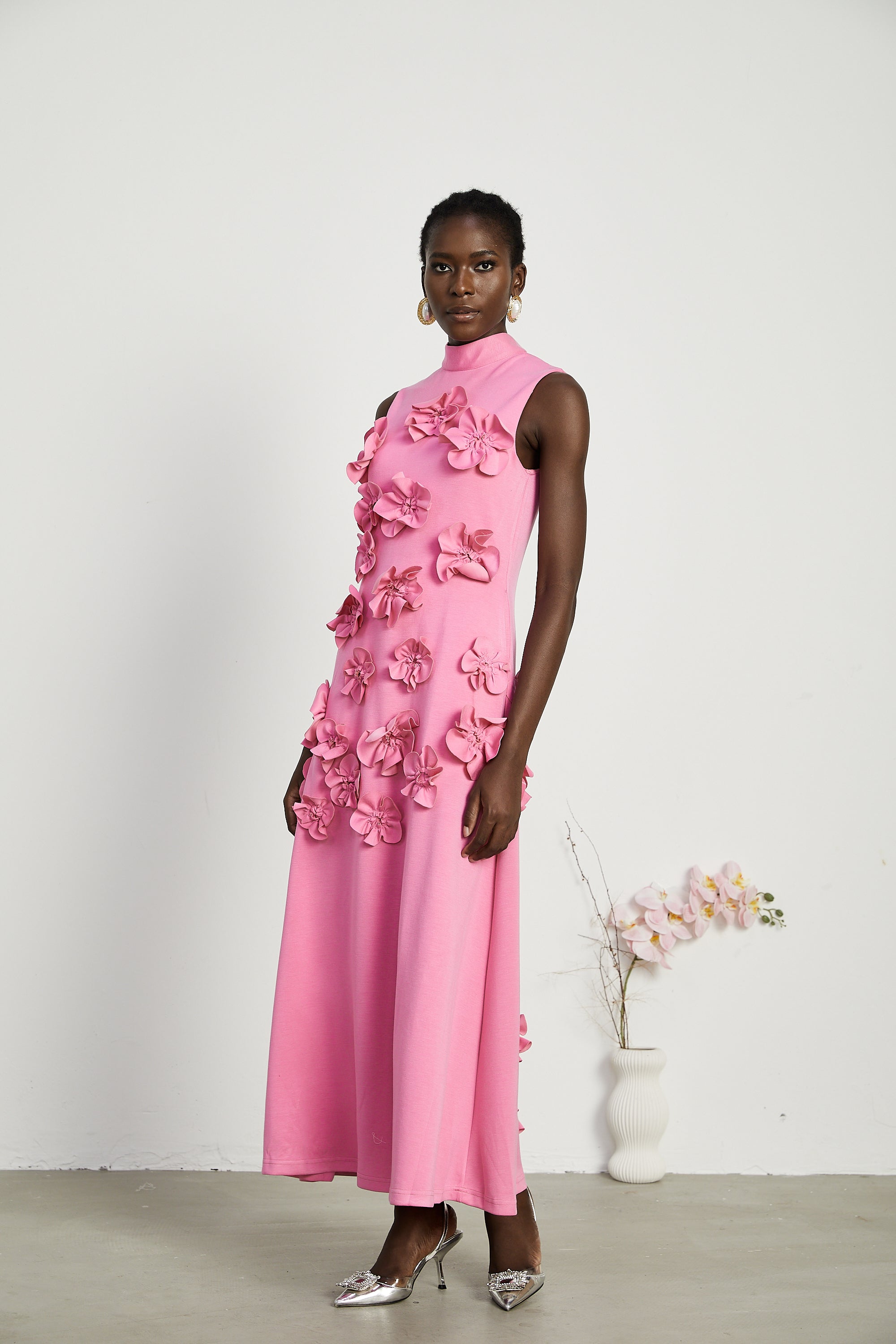 Magali Pink Sleeveless Maxi Dress with Faux Flower & Bow-Tie Embellishment (Final Sale-US Only)