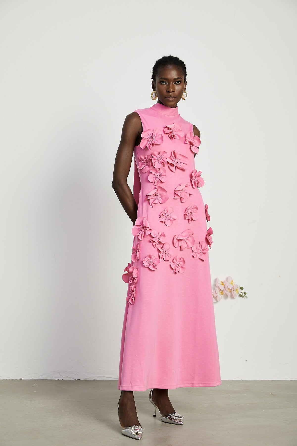 Magali Pink Sleeveless Maxi Dress with Faux Flower & Bow-Tie Embellishment (Final Sale-US Only)