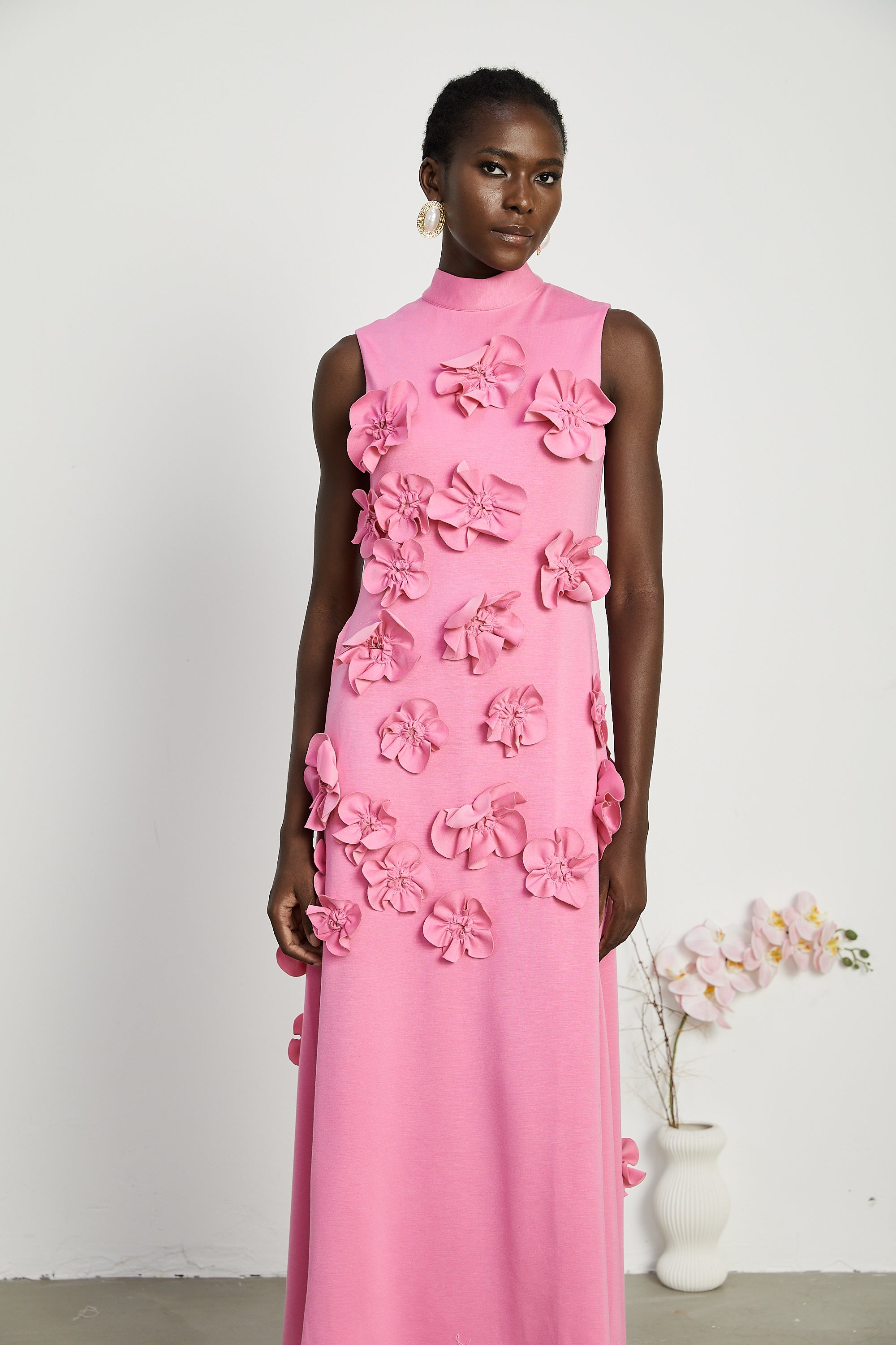 Magali Pink Sleeveless Maxi Dress with Faux Flower & Bow-Tie Embellishment (Final Sale-US Only)