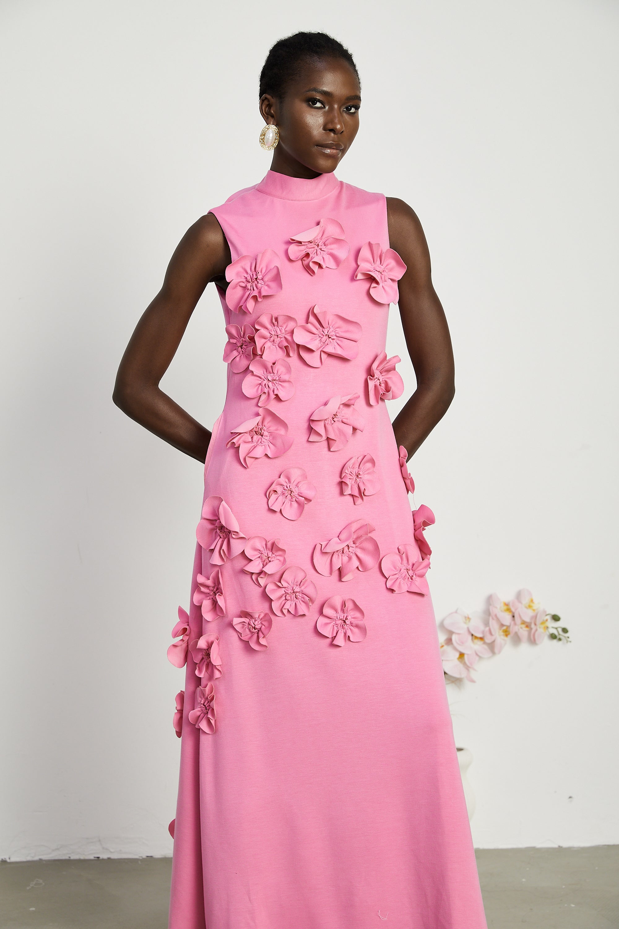 Magali bow-tie faux-flower embellished sleeveless maxi dress in Pink