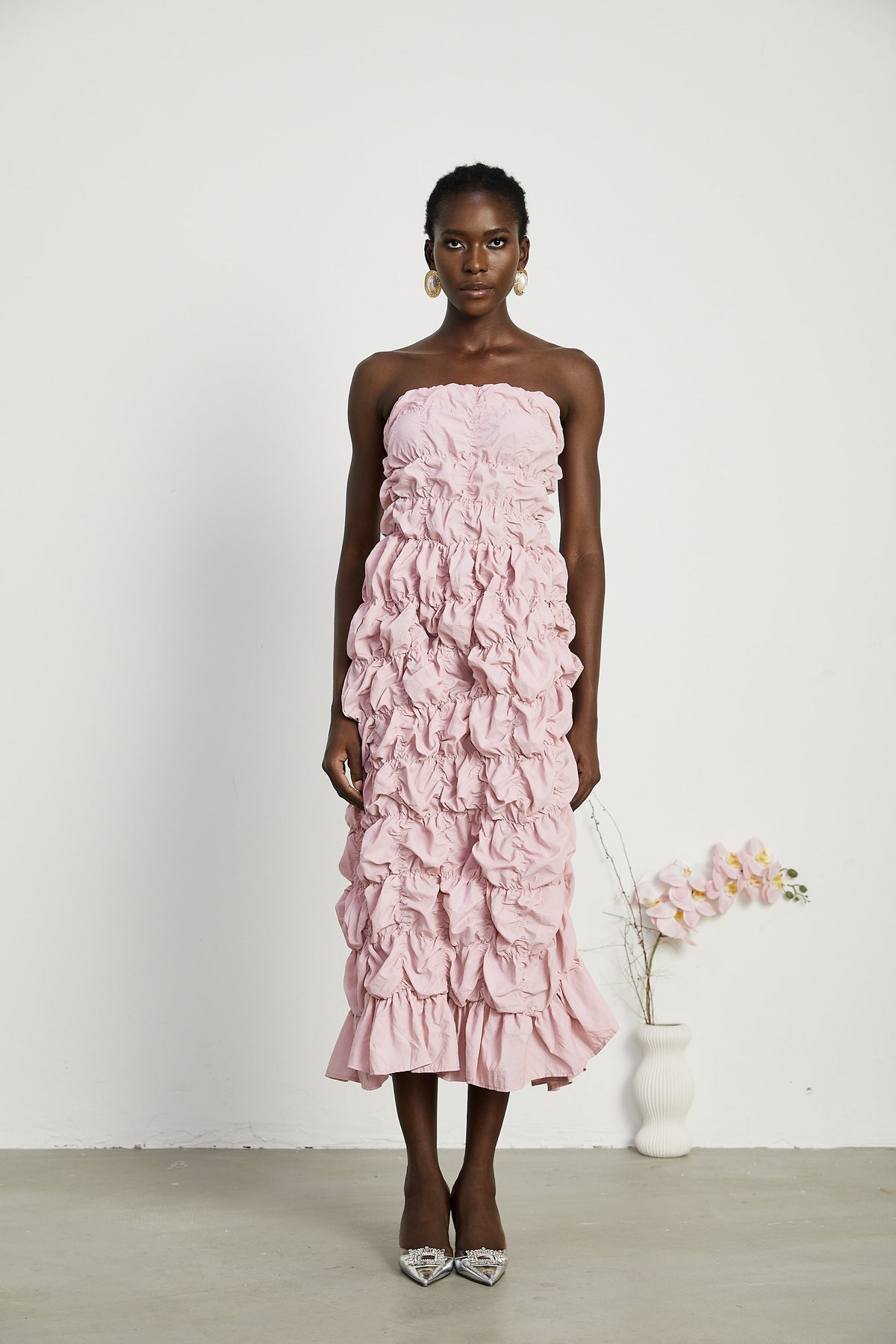 Aurore puffed pleated midi dress - Pink