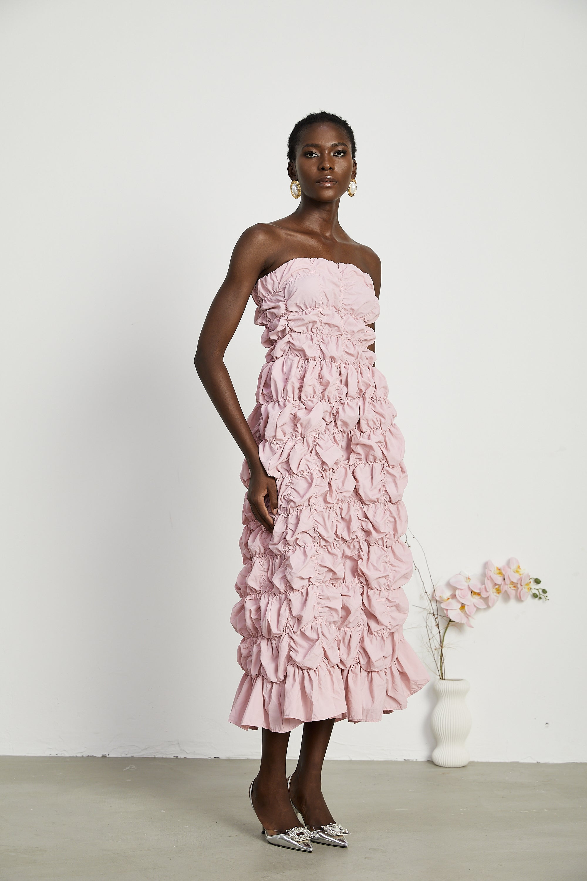 Aurore puffed pleated midi dress - Pink