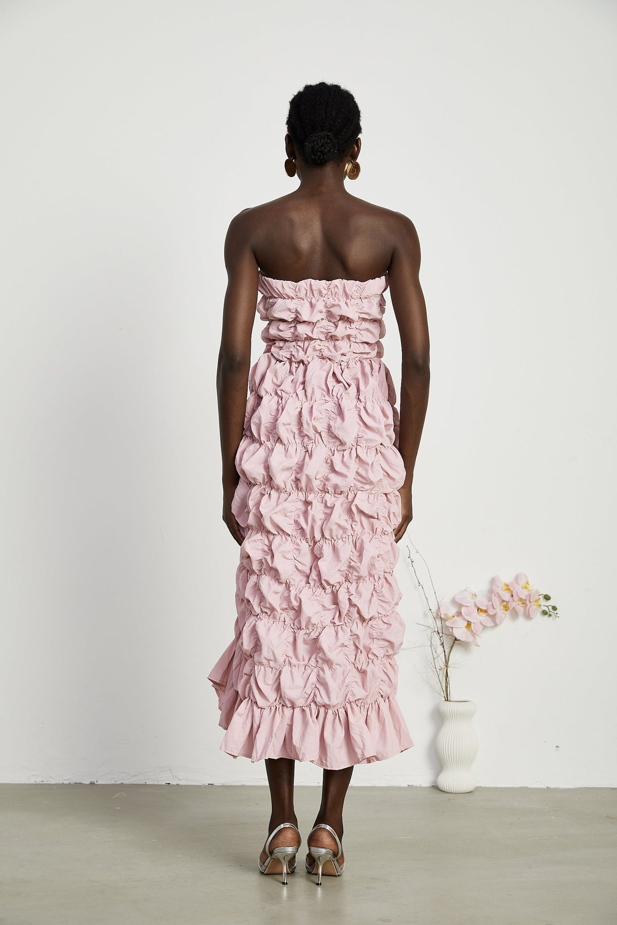 Aurore puffed pleated midi dress - Pink