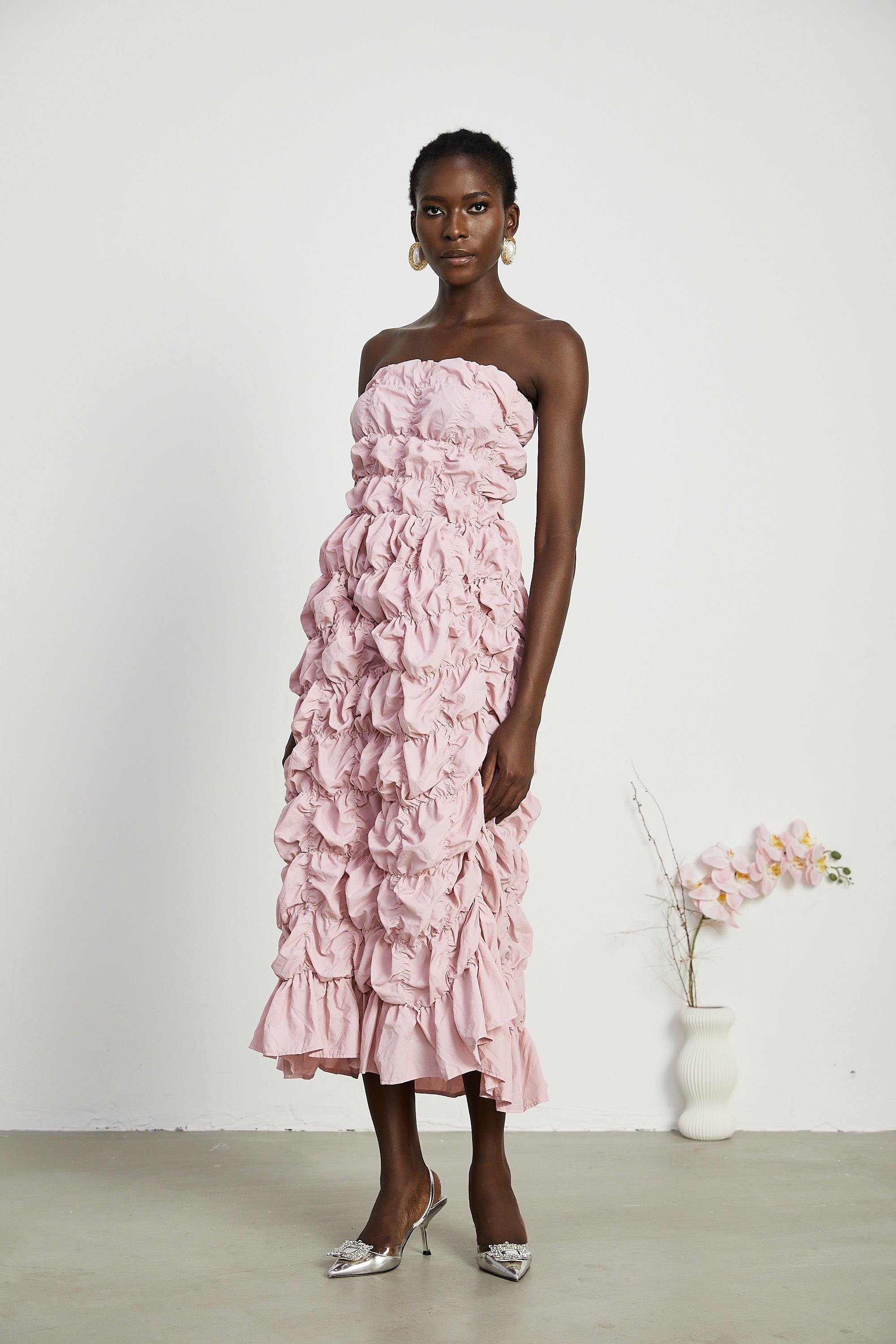 Aurore puffed pleated midi dress - Pink