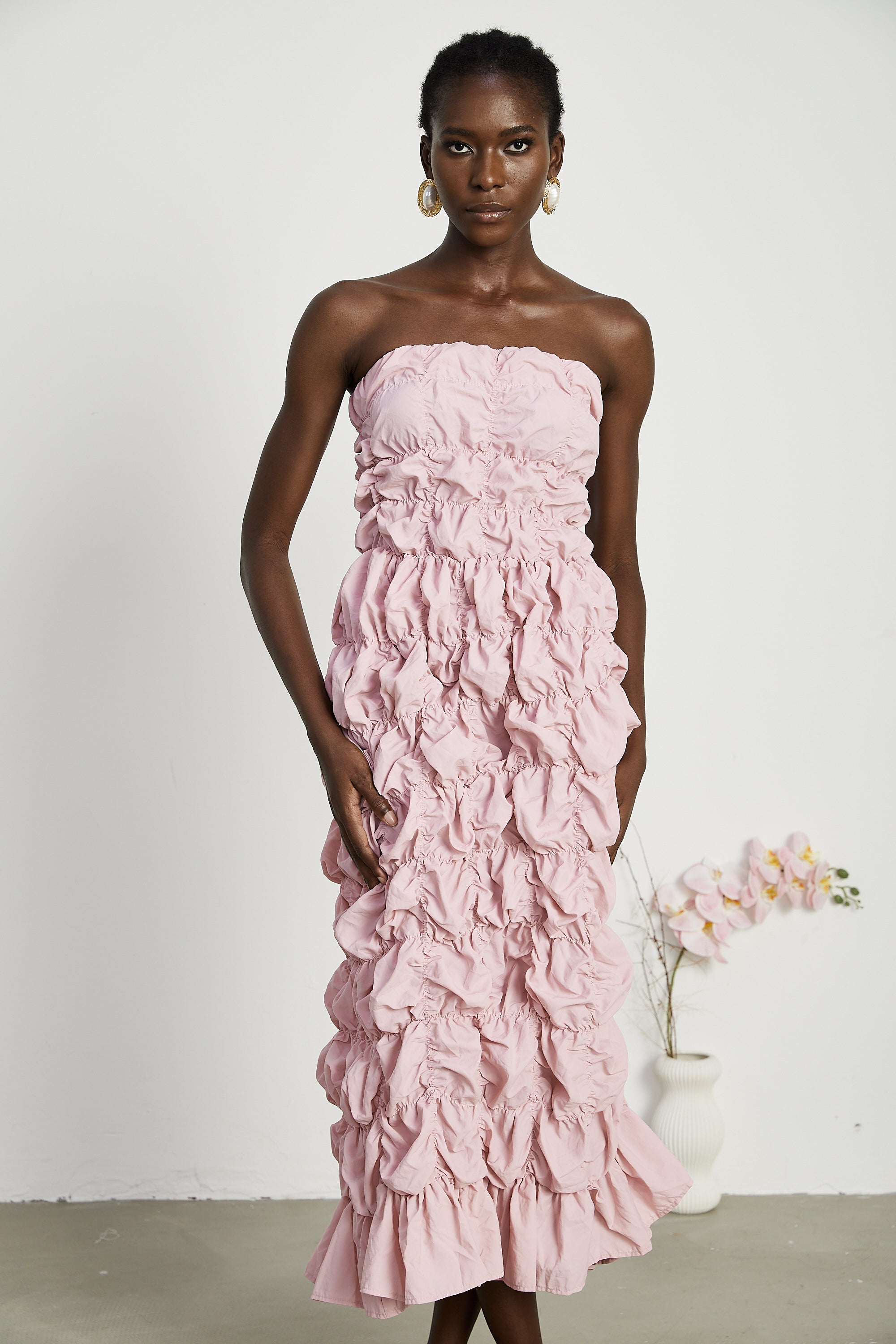 Aurore puffed pleated midi dress - Pink