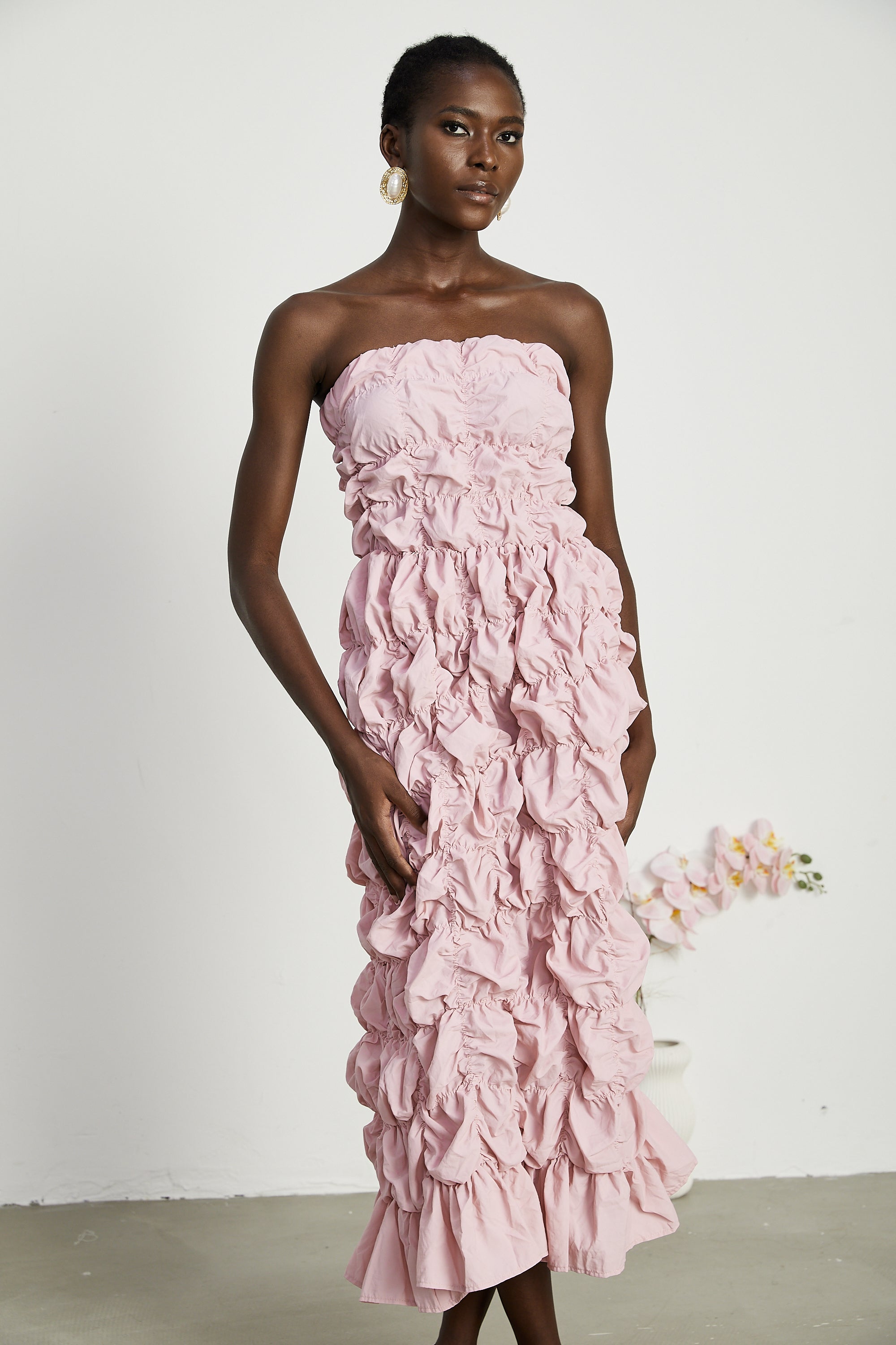 Aurore puffed pleated midi dress - Pink