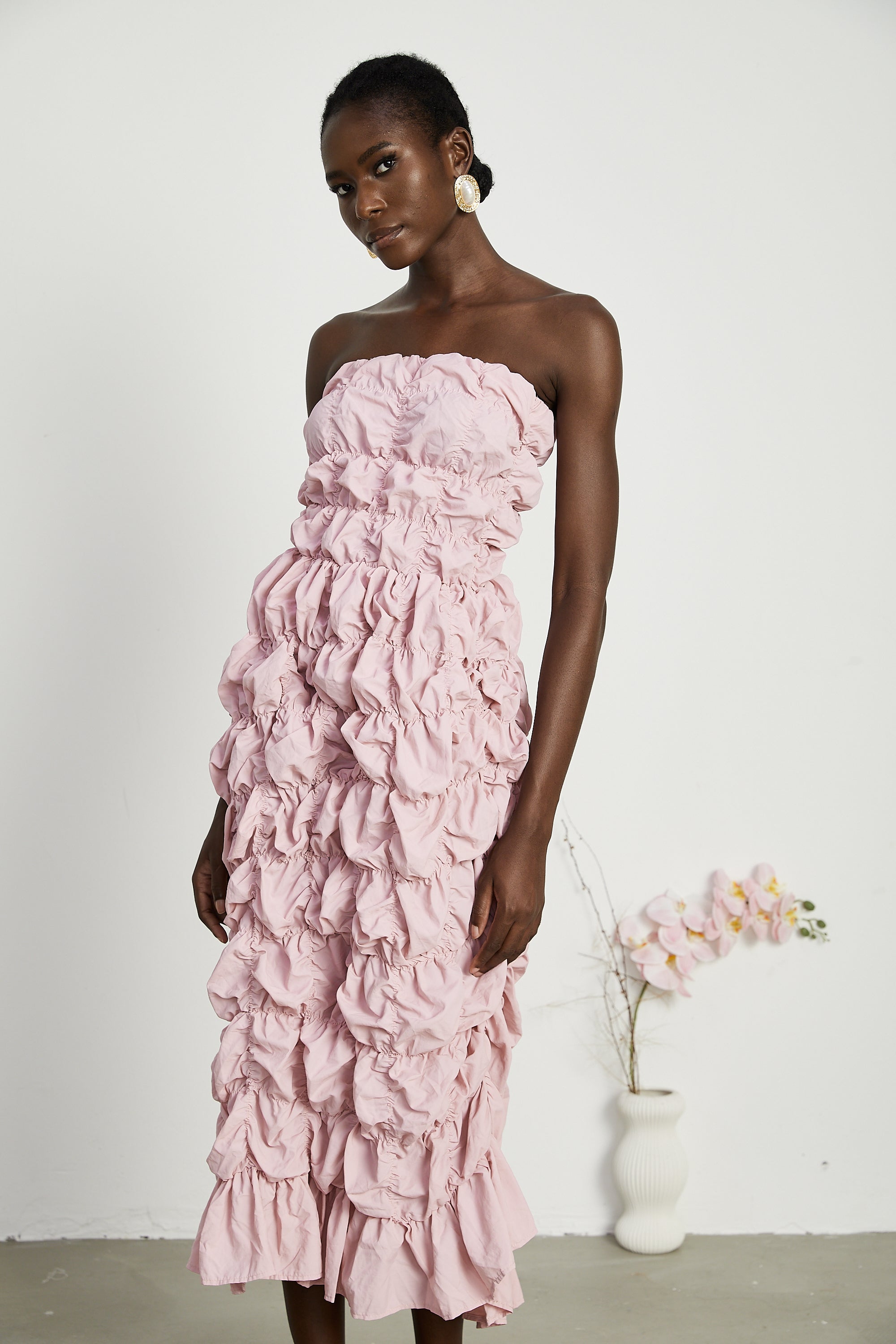 Aurore puffed pleated midi dress - Pink