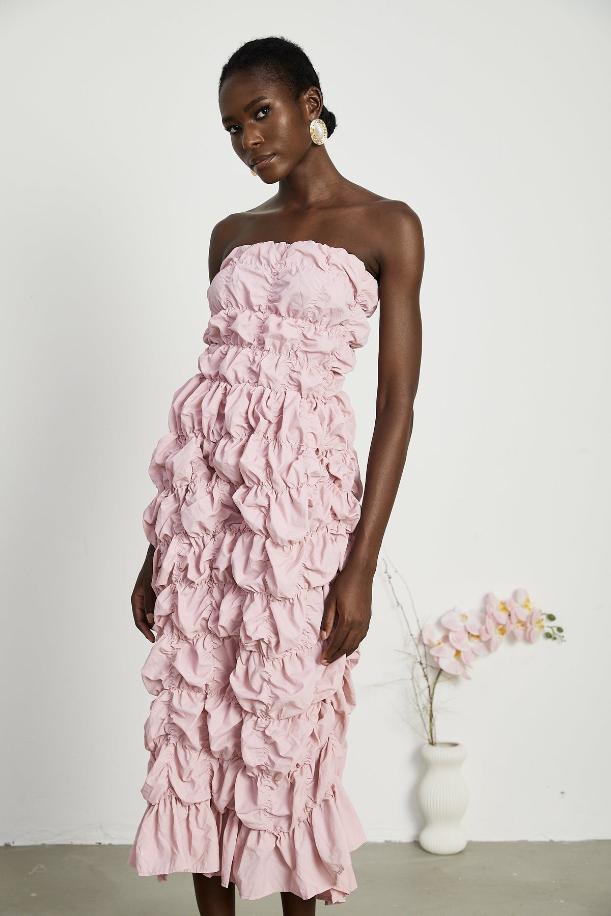 Aurore puffed pleated midi dress - Pink